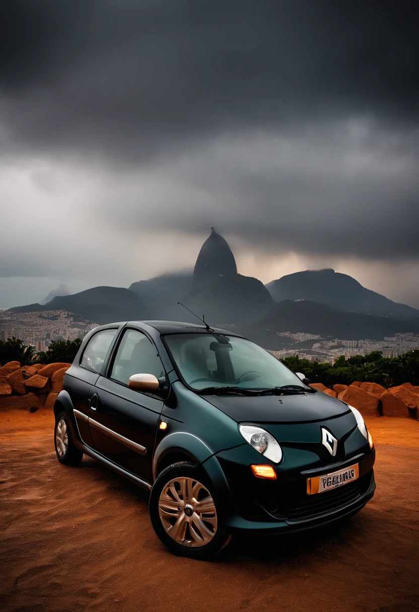 Renault Twingo Black in the Sahara desert with a mountain in the background, In the background of the image Christ the Redeemer of Rio de Janeiro. Rainy Day, nubes, Rayos.