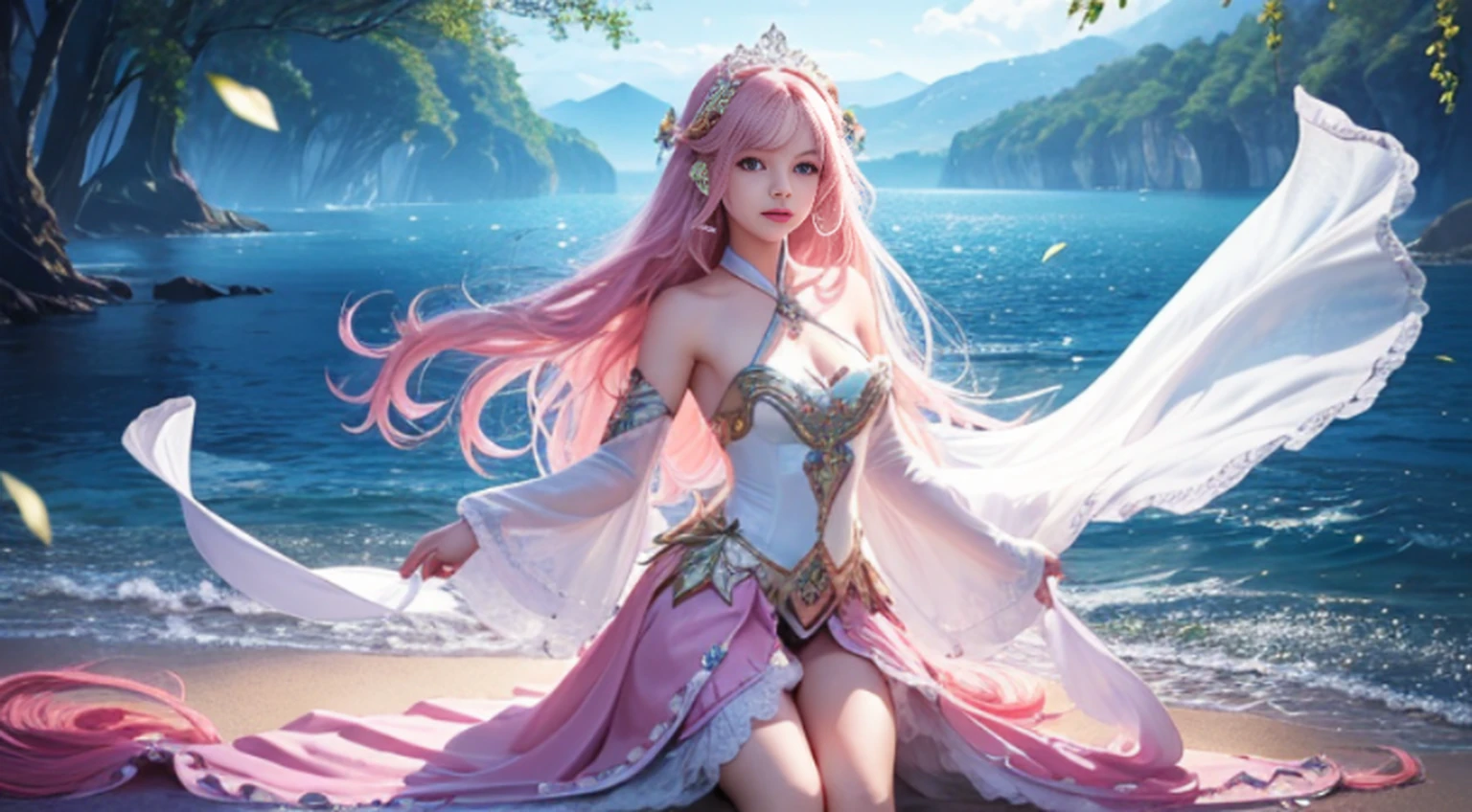 Women in Their 20s、fantasy worlds、offcial art, unity 8k wall paper, ultra-detailliert, beautifly、Aesthetic, masterpiece, top-quality, Photorealsitic、A hyper-realistic、Beautuful Women、detailed costume、depth of fields, Fantastic atmosphere, Calm palette, tranquil mood, Soft shading、Soft skin、very large breast、Mischievous smile、a female angel、the presence of swan feathers on the back,,,、Cupid the Woman、Bow and arrow with heart symbol:2.0、Red heart-shaped arrowhead:2.0、On a large tree:1.6、dynamicposes、Floating in the sky、Composition examination、Light White Costume、Light pink hair、Twin-tailed、Red ribbons、Marble Temple