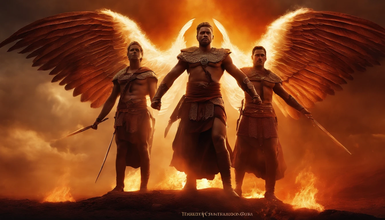 three ancient epic foot male angels guardians. in powerful poses, Like the cover of a movie. elmett on the head, Behind them a burning battlefield., vibrant, cinematic, poster, photo, armageddon