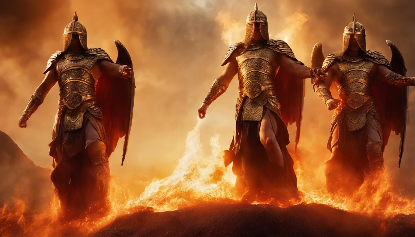 three ancient epic foot male angels guardians. in powerful poses, Like the cover of a movie. elmett on the head, Behind them a burning battlefield., vibrant, cinematic, poster, photo, armageddon