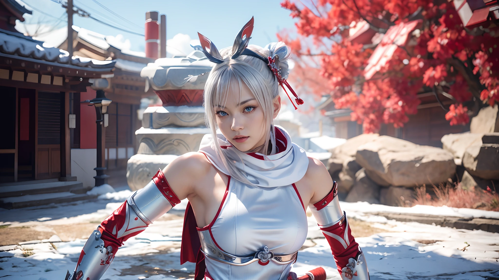 a beautiful woman with silver hair and light blue silver eyes in a red outfit holding a katana sword, fighting game character, as a character in soul calibur, kitsune inspired armor, white and red clothing, dramatic wielding sword pose, samurai ninja outfit, (Extremely Detailed), (Best Illustration), (Beautiful and Detailed Eyes), (Best Quality), (Ultra Detailed), (Masterpiece ), ( wallpaper), (detailed face), solo, a attractive Japanese silver anime haired female, (realistic, photo-realistic:1.37), (insanely detailed:1.3), 8k, (masterpiece), (best quality:1.4), (ultra high res:1.2), (RAW photo:1.2), professional lighting, cinematic realism