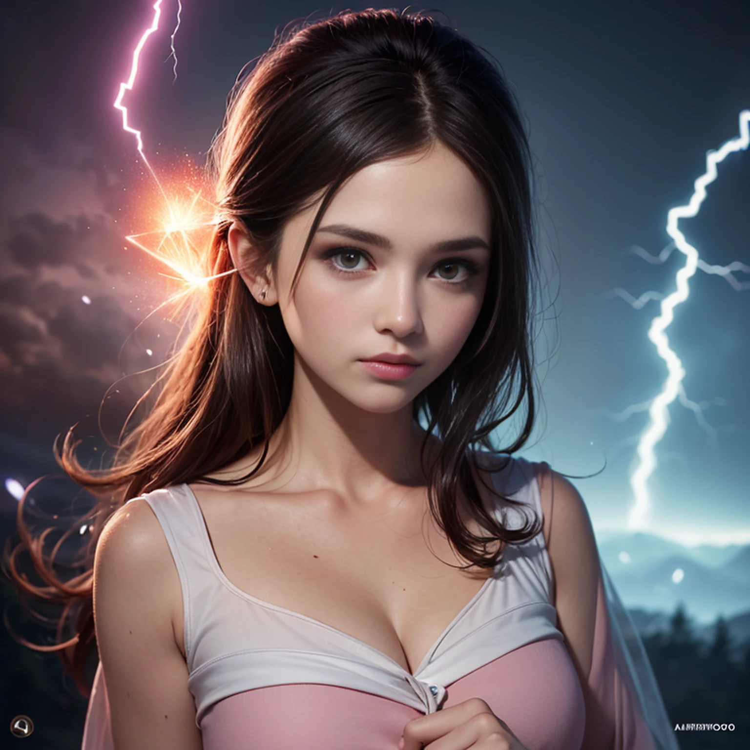 A woman in a light pink dress standing in a cherry forest, Artgerm, paisagem realista, Artgerm detalhado, olhos perfeitos, rosto perfeito, Ultra Detalhado, tiro de corpo inteiro, (Skindentation: 1.5), realista, realista, (obra-prima: 1.5), arte conceitual, detalhes intrincados, altamente detalhado, realista, octane rendering, 8K, motor irreal, dinamic pose, melhor qualidade, alta resolução, (rosto realista: 1.1), (hiper-realismo: 1.1) , ((full_body)), olhos perfeitos, (pele brilhante: 1.2), ((penteado))), ((perfect hands))), (fundo muito detalhado), ((dynamic background), ((lightning), (lightning), ((1girl)), Vestindo um manto, (((Manto de fluxo))), ((Olhos detalhados, Olhos de alta qualidade, Rosto de alta qualidade)), vestido rosa claro extremamente complexos, magical robes), casting lightning, eletricidade, spinning flame, radiation, spark, smoke, magia, (dramatic), epic, campo de batalha, profundidade de campo, bokeh, 4k, gotica, cinzas, particules.