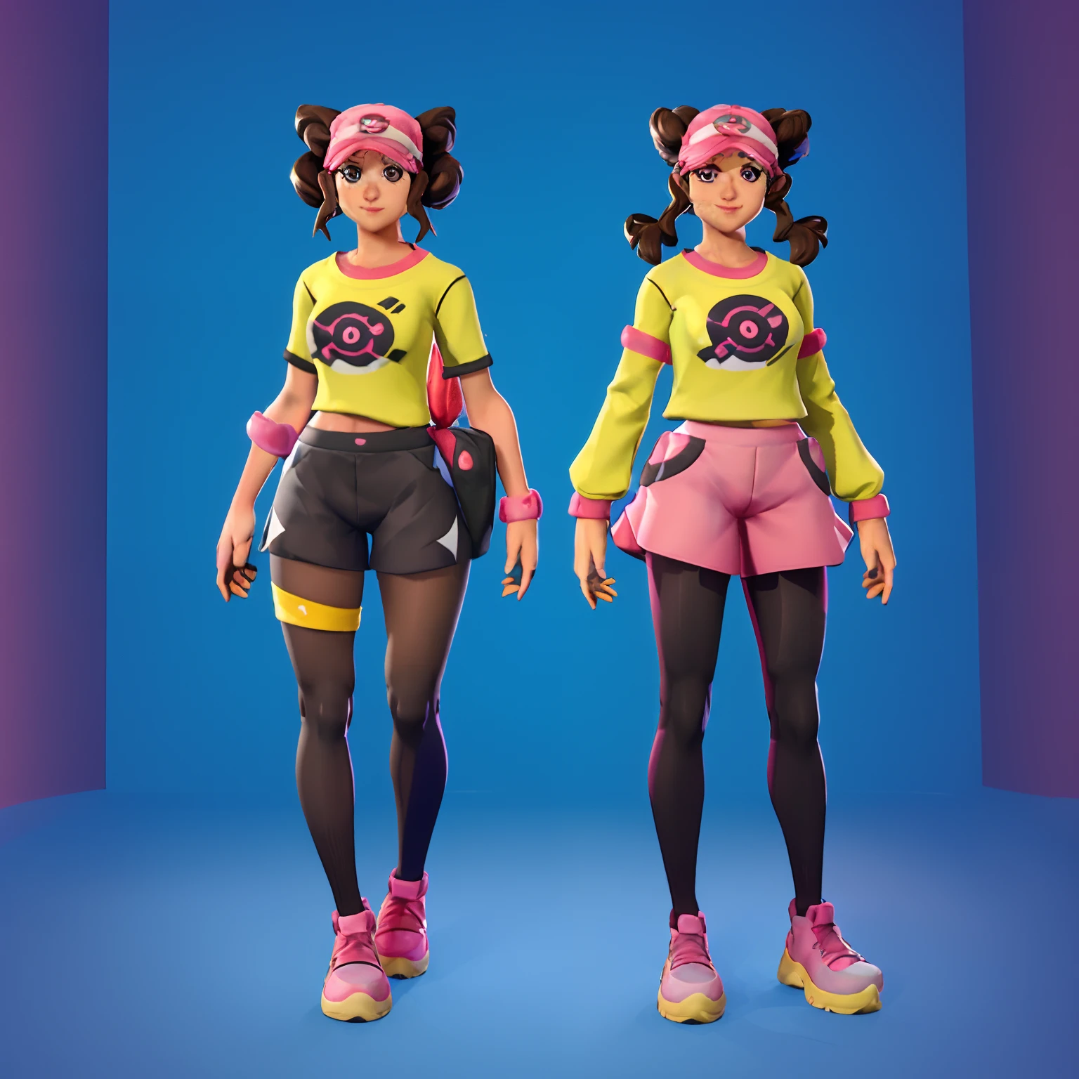 rosa_(pokemon), 1girl, breasts, medium breasts, visor cap, double hair buns, twintails, long brown hair, female focus, yellow shorts over black leggings, white and pink sneakers, white shirt with blue raglan sleeves, pink pokeball graphic art,
