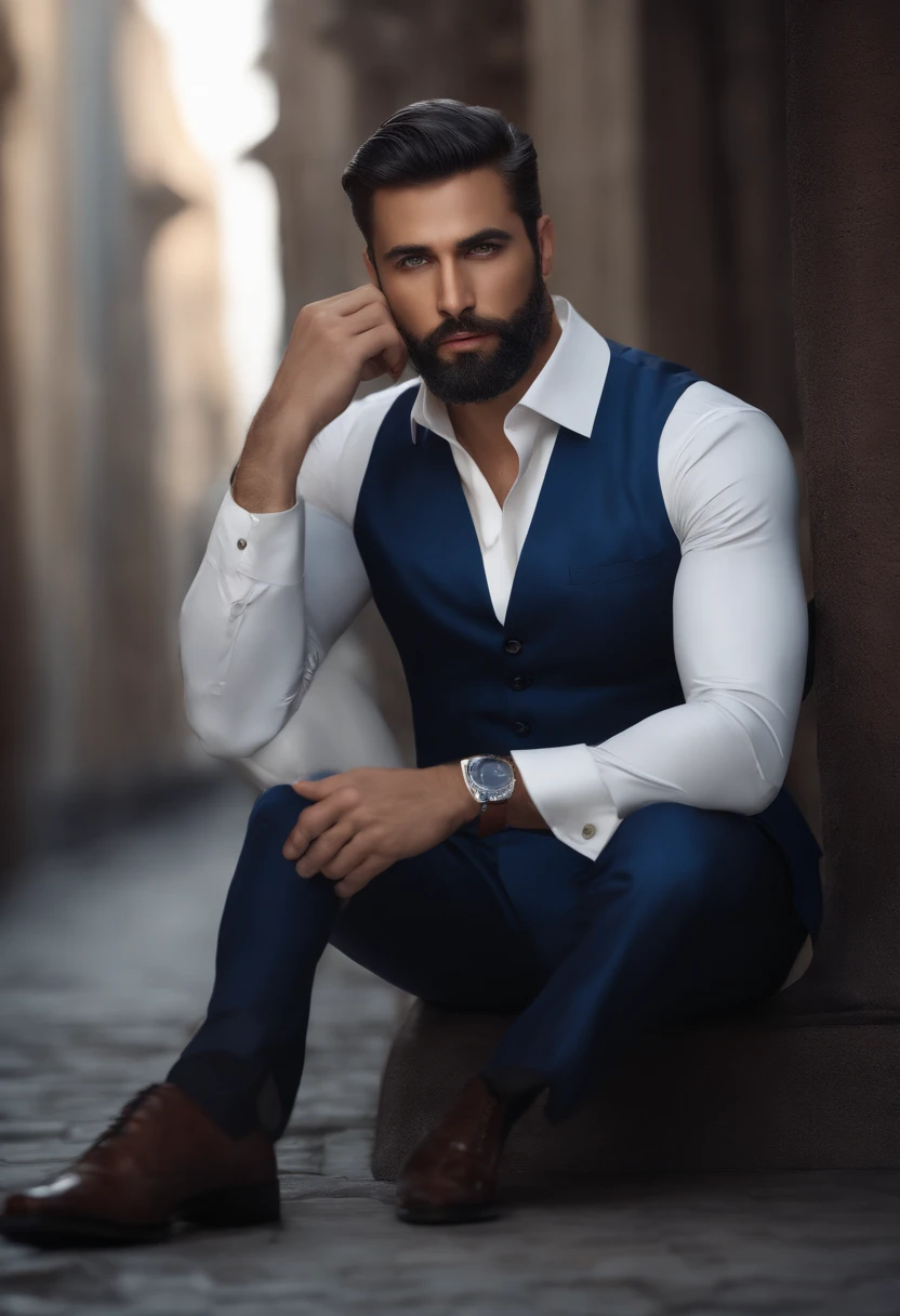 (Professional Man in Stylish Clothes), (Pas de barbe,) (yeux bleus) (portrait) Beautiful and serious appearance, dark blue hair, Elegant and elegant, and strong body very formal white shirt, (Realistic and high-quality image), ((Best quality, 8k, master piece). Ultra detailded. detailed skin. ultra realist