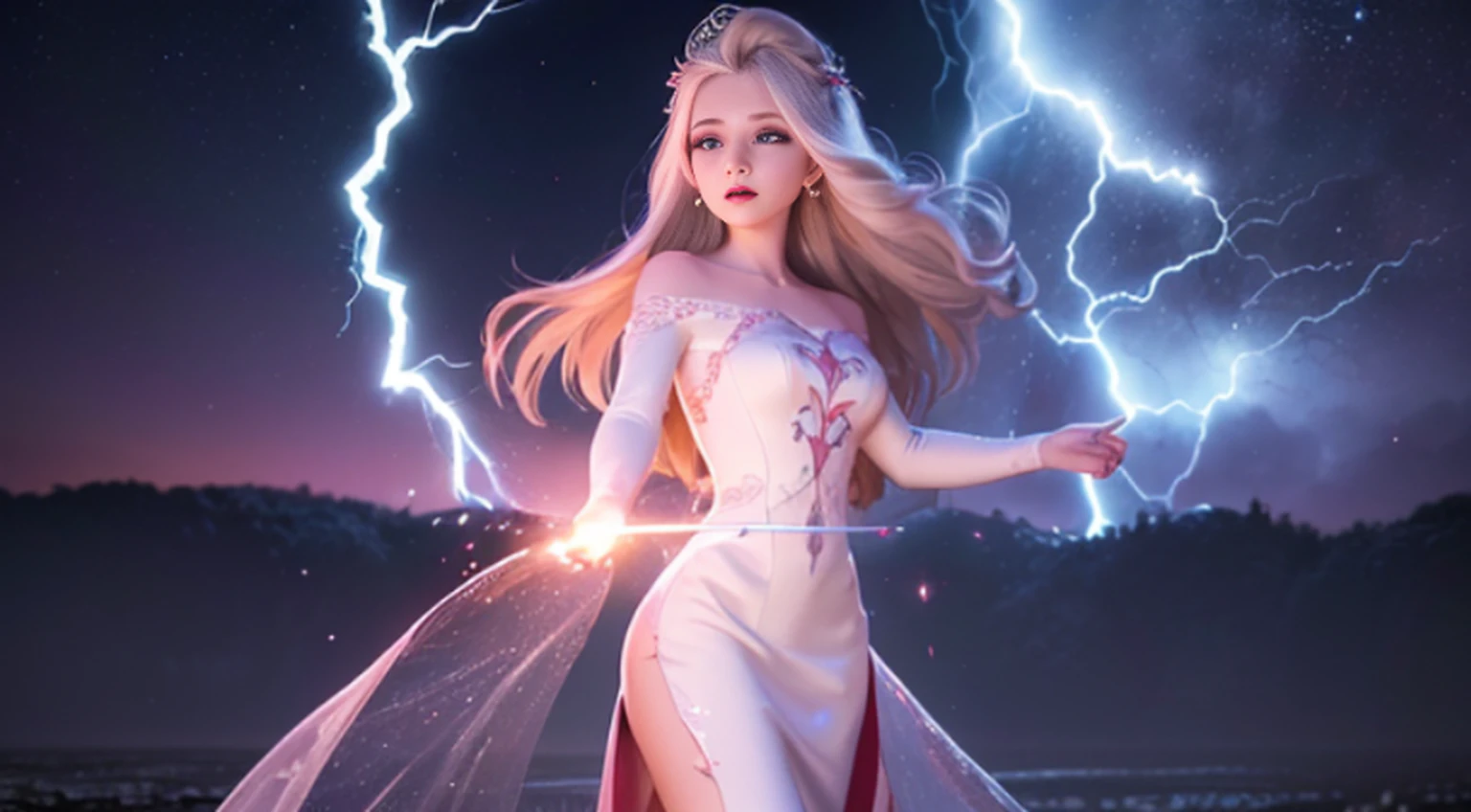 A woman in a light pink dress standing in a cherry forest, Artgerm, paisagem realista, Artgerm detalhado, olhos perfeitos, rosto perfeito, Ultra Detalhado, tiro de corpo inteiro, (Skindentation: 1.5), realista, realista, (obra-prima: 1.5), arte conceitual, detalhes intrincados, altamente detalhado, realista, octane rendering, 8K, motor irreal, dinamic pose, melhor qualidade, alta resolução, (rosto realista: 1.1), (hiper-realismo: 1.1) , ((full_body)), olhos perfeitos, (pele brilhante: 1.2), ((penteado))), ((perfect hands))), (fundo muito detalhado), ((dynamic background), ((lightning), (lightning), ((1girl)), Vestindo um manto, (((Manto de fluxo))), ((Olhos detalhados, Olhos de alta qualidade, Rosto de alta qualidade)), vestido rosa claro extremamente complexos, magical robes), casting lightning, eletricidade, spinning flame, radiation, spark, smoke, magia, (dramatic), epic, campo de batalha, profundidade de campo, bokeh, 4k, gotica, cinzas, particules.