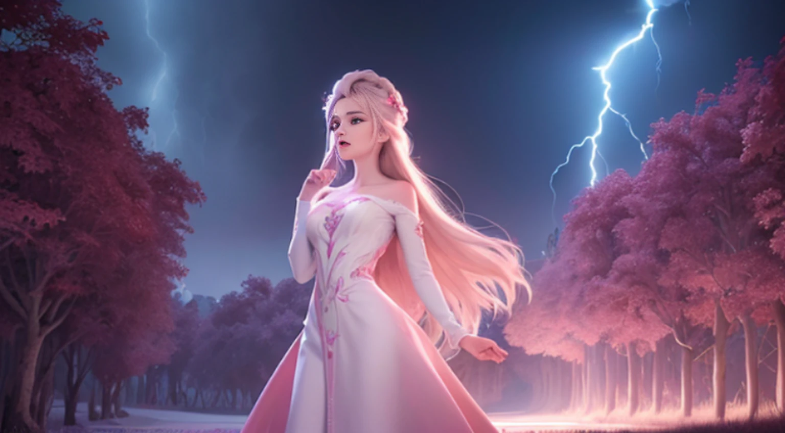 A woman in a light pink dress standing in a cherry forest, Artgerm, paisagem realista, Artgerm detalhado, olhos perfeitos, rosto perfeito, Ultra Detalhado, tiro de corpo inteiro, (Skindentation: 1.5), realista, realista, (obra-prima: 1.5), arte conceitual, detalhes intrincados, altamente detalhado, realista, octane rendering, 8K, motor irreal, dinamic pose, melhor qualidade, alta resolução, (rosto realista: 1.1), (hiper-realismo: 1.1) , ((full_body)), olhos perfeitos, (pele brilhante: 1.2), ((penteado))), ((perfect hands))), (fundo muito detalhado), ((dynamic background), ((lightning), (lightning), ((1girl)), Vestindo um manto, (((Manto de fluxo))), ((Olhos detalhados, Olhos de alta qualidade, Rosto de alta qualidade)), vestido rosa claro extremamente complexos, magical robes), casting lightning, eletricidade, spinning flame, radiation, spark, smoke, magia, (dramatic), epic, campo de batalha, profundidade de campo, bokeh, 4k, gotica, cinzas, particules.