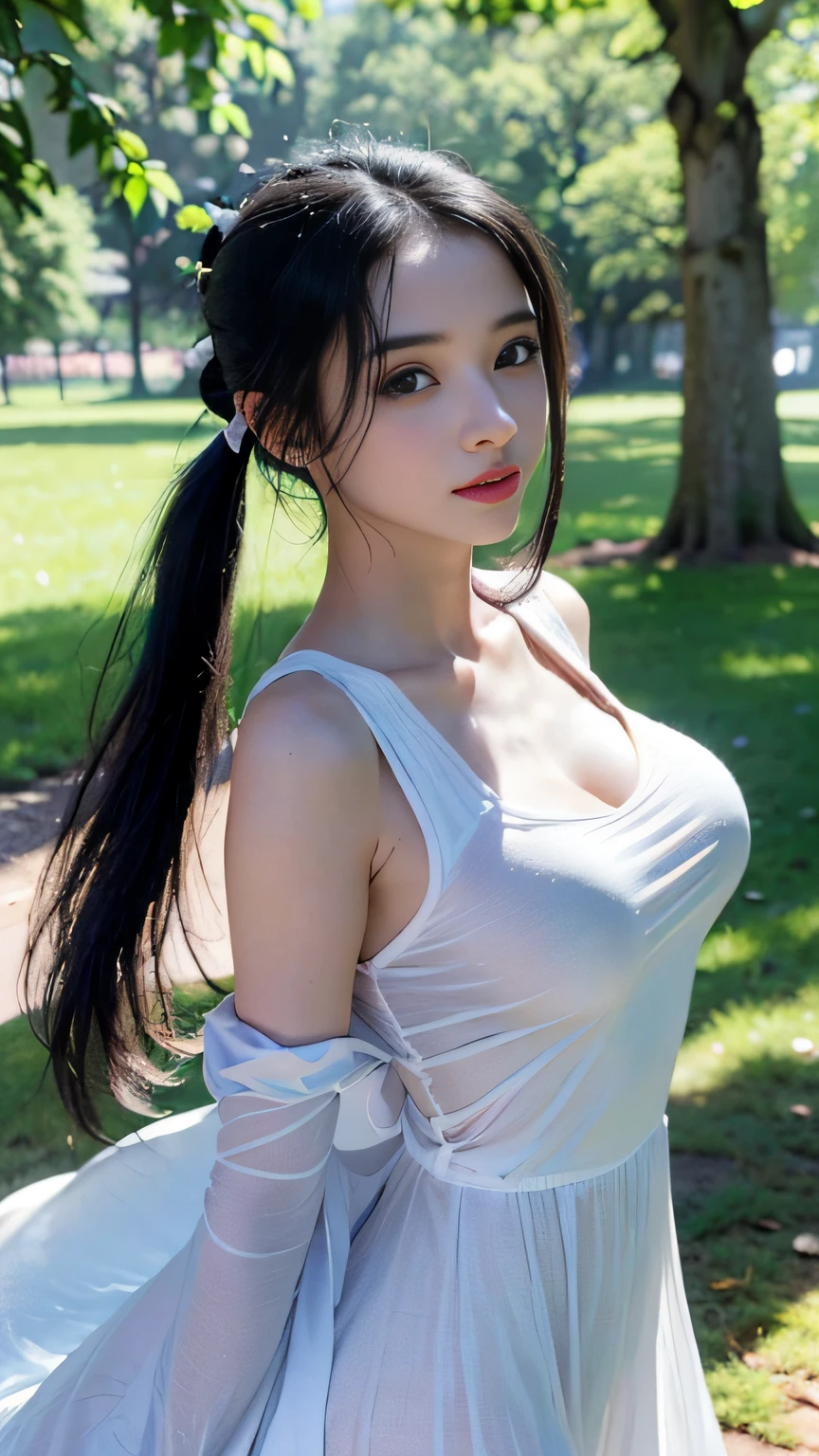 masterpiece, top-quality, 超A, high resolution, high detail portrait, (photographrealistic:1.4), (((1girl in)))((1girl in, White skin, Look up at your audience, closeup of face, young , spotless, pretty black hair, Pony tail, detailed hair, Big breasts), Long black hair, Walking in park