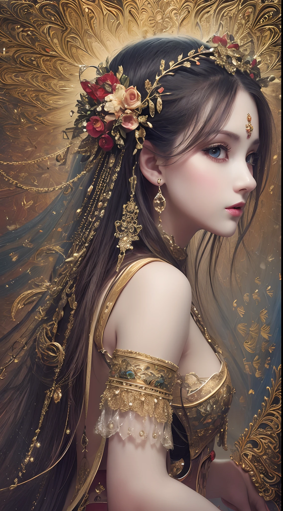 (Masterpiece, Top Quality, Top Quality, Official Art, Beautiful and Aesthetic:1.2), (1girl:1.3), (Fractal Art:1.3),(shinny skin),(many colors:1.4),(Traditional dress:1.2)