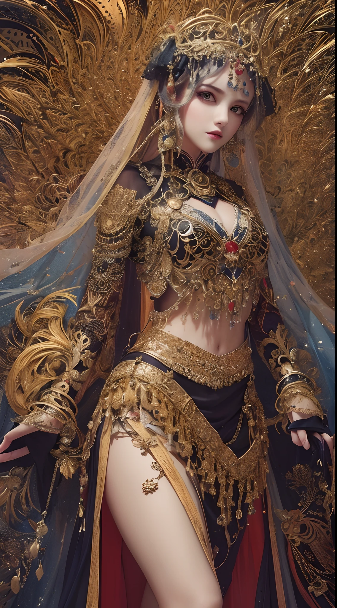 Beautiful woman in intricate Bold and Fringe Outfit