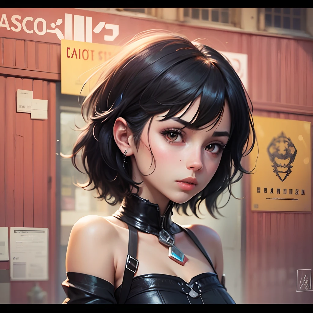 ((((portraite of a)))), Beautiful woman with medium hair (((Smiling))), in a cap, Short clothes in the style of cyberpunk