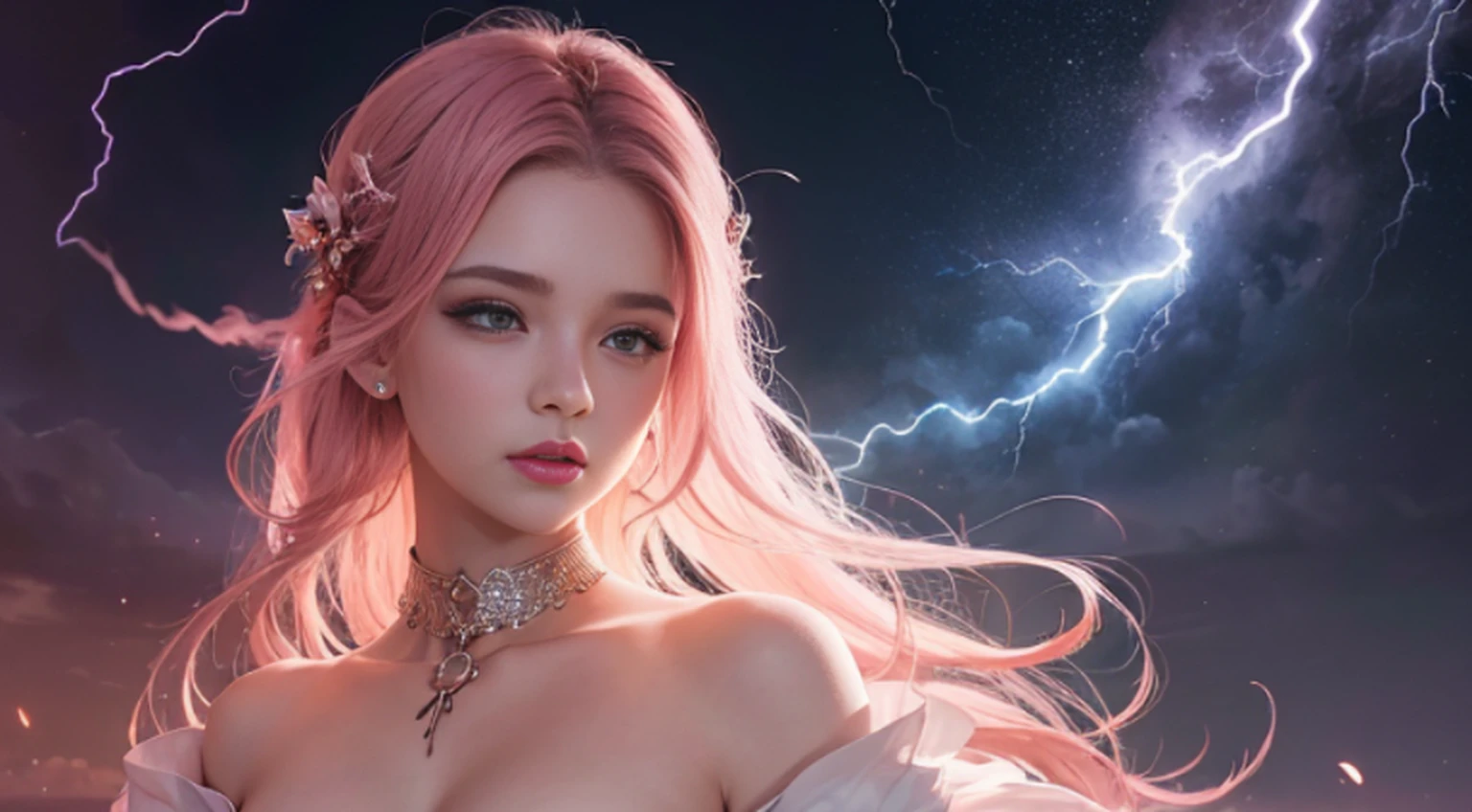A woman in a light pink dress standing in a cherry forest, Artgerm, paisagem realista, Artgerm detalhado, olhos perfeitos, rosto perfeito, Ultra Detalhado, tiro de corpo inteiro, (Skindentation: 1.5), realista, realista, (obra-prima: 1.5), arte conceitual, detalhes intrincados, altamente detalhado, realista, octane rendering, 8K, motor irreal, dinamic pose, melhor qualidade, alta resolução, (rosto realista: 1.1), (hiper-realismo: 1.1) , ((full_body)), olhos perfeitos, (pele brilhante: 1.2), ((penteado))), ((perfect hands))), (fundo muito detalhado), ((dynamic background), ((lightning), (lightning), ((1girl)), Vestindo um manto, (((Manto de fluxo))), ((Olhos detalhados, Olhos de alta qualidade, Rosto de alta qualidade)), vestido rosa claro extremamente complexos, magical robes), casting lightning, eletricidade, spinning flame, radiation, spark, smoke, magia, (dramatic), epic, campo de batalha, profundidade de campo, bokeh, 4k, gotica, cinzas, particules.