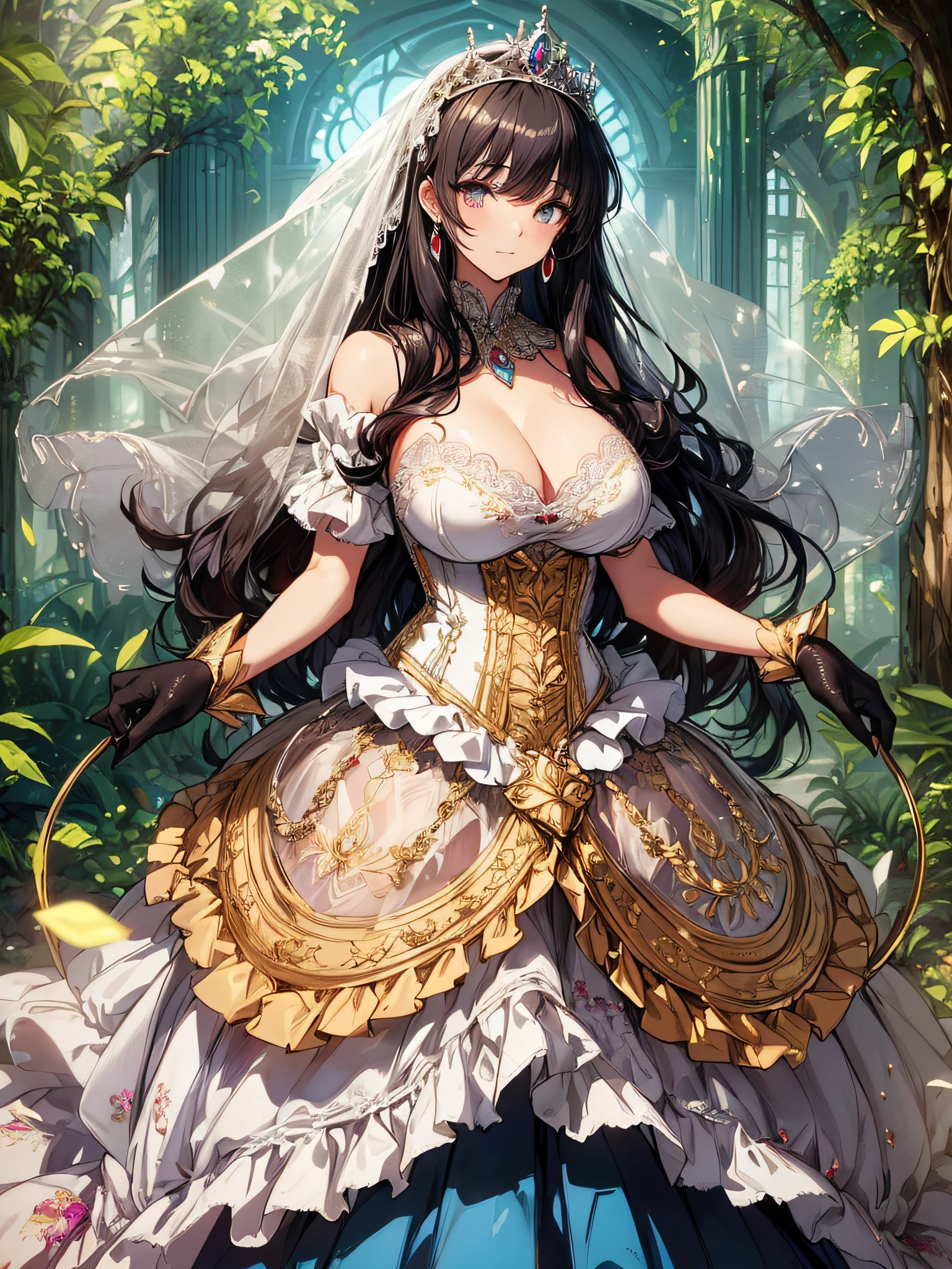 ((anime artstyle)),(Masterpiece),(Best Quality), (Super Detail),((Very Delicate and Beautiful)),cinematic lighting,1 girl,((full body portrait)),((standing in garden)),((solo)),(((1 fairytale princess in gorgeous embroidery and jeweled extremely gorgeous princess ballgown with voluminous full length hoop skirt))),an hourglass waist,padded and corseted bodice,(((huge crinoline hoopskirt))),long train,((gorgeous embroidery and jeweled)),voluminous frills,See-through,(gorgeous embroidery and beautiful lace),(((extremely gigantic tits,skindentation))),cleavage,((large amount of straight hair,extremely voluminous Straight long Hair,Very Long Straight Hair)),(finely detailed face and eyes),clear pupil,extremely gorgeousfull hair ornament,(bling-bling jeweled extremely gorgeousfull tiara),(bling-bling gorgeous gemstone jewelry),gorgeous long veil,((opera gloves)),(beautiful background),(full body),((gorgeous embroidery and jeweled extremely gorgeous princess ballgown with voluminous full length hoop skirt))
