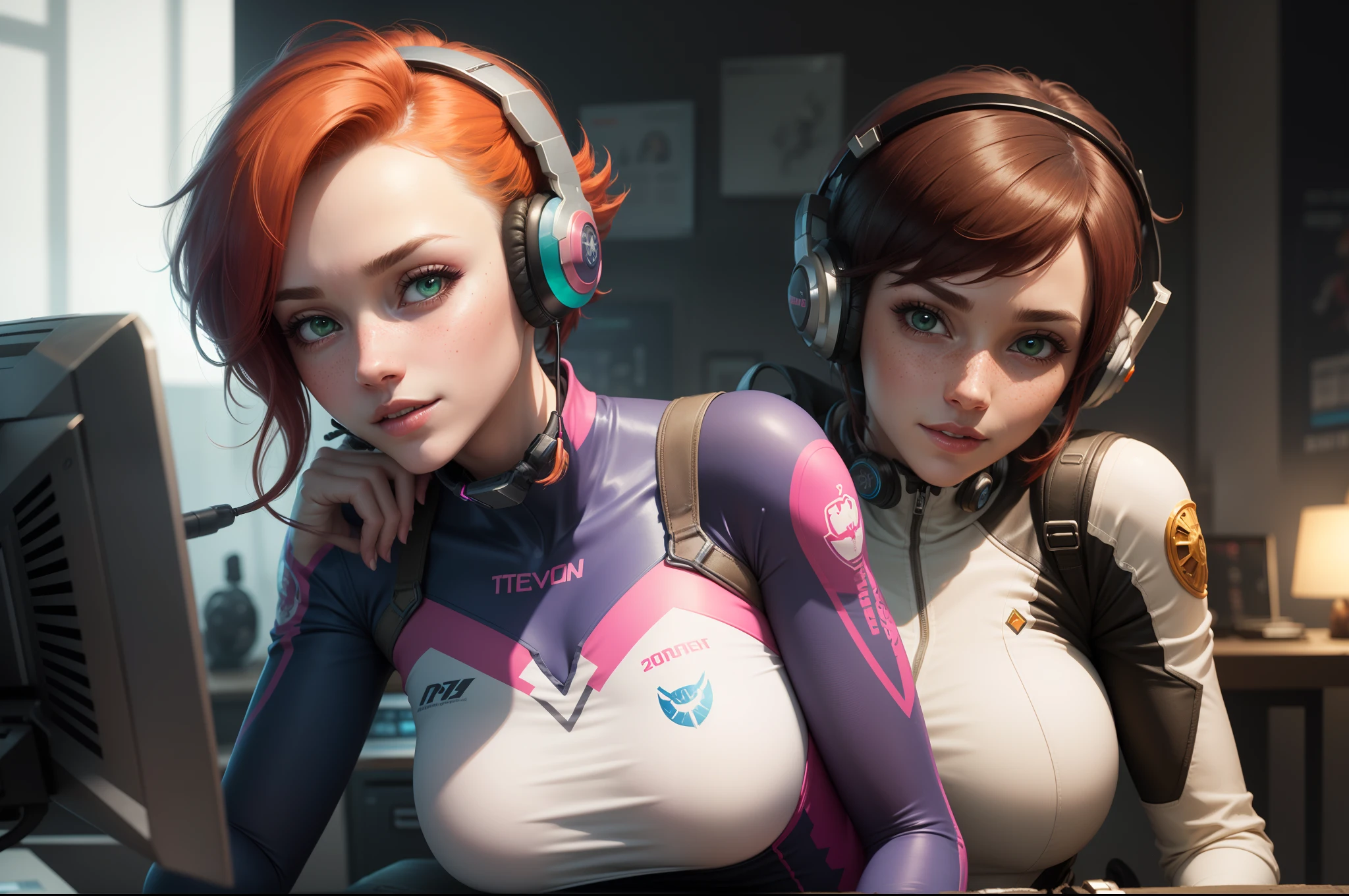 gwen tennyson,1girl,tracer,d.va,rebecca chambers,overwatch,gundam,close up,mecha pilot,spacecraft,orange and blue plugsuit,pilot jacket,hair pin,pirate corset,white long sleeve lycra top,white leggings,short hair,cute makeup,green eyes,orange and pink hair,shy smile, freckles,redhead,beautiful girl,large breasts,ultra detailed,realistic,fantasy art, gaming room,gaming headset,