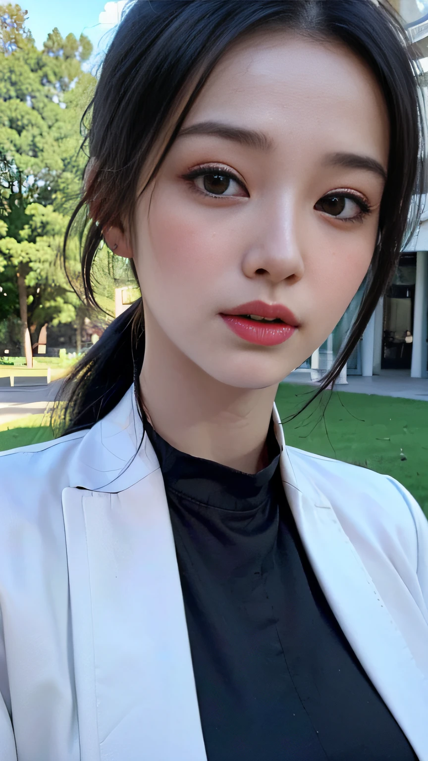 masterpiece, top-quality, 超A, high resolution, high detail portrait, (photographrealistic:1.4), (((1girl in)))((1girl in, White skin, Look up at your audience, closeup of face, young 17 years old, spotless, pretty black hair, Pony tail, detailed hair, Big breasts), Long black hair, Walking in park