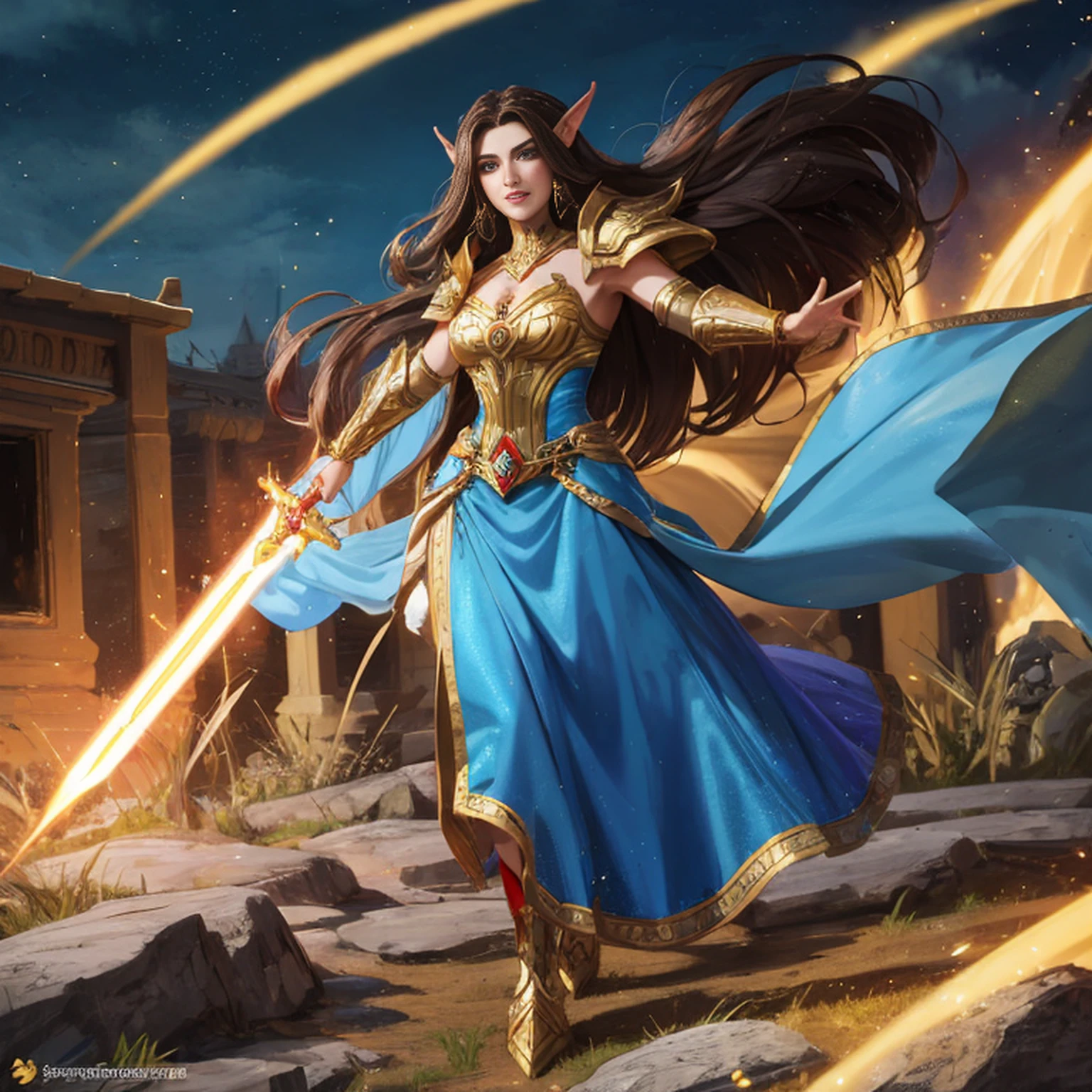full body portrait of A beautiful warcraft elf woman, hero pose, dark brown hair, wearing gold blue white armor, floating red blue white lightsabers, charging through battlefield