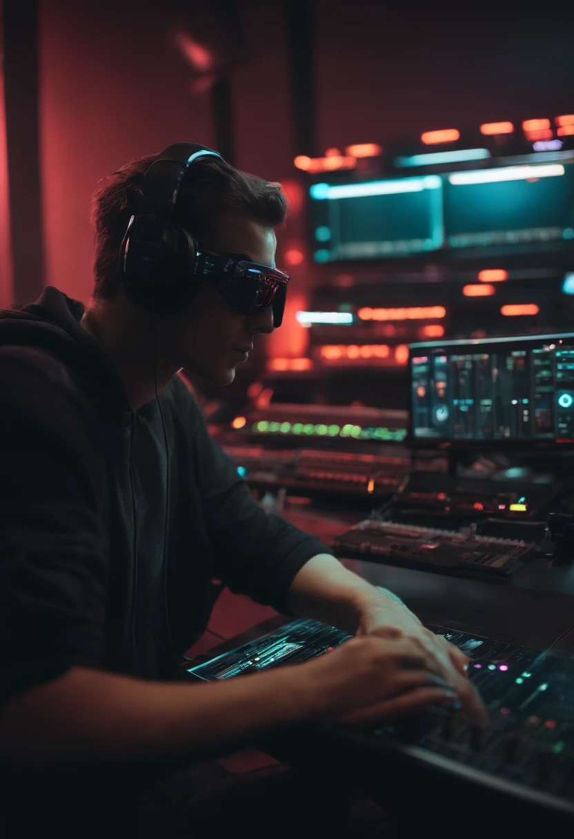 Cientista de mascara gravando uma musica como se fosse um experimento em sua sala Hitech, cyberpunk multi-monitor, ultra realistic, cinemactic, 16k
