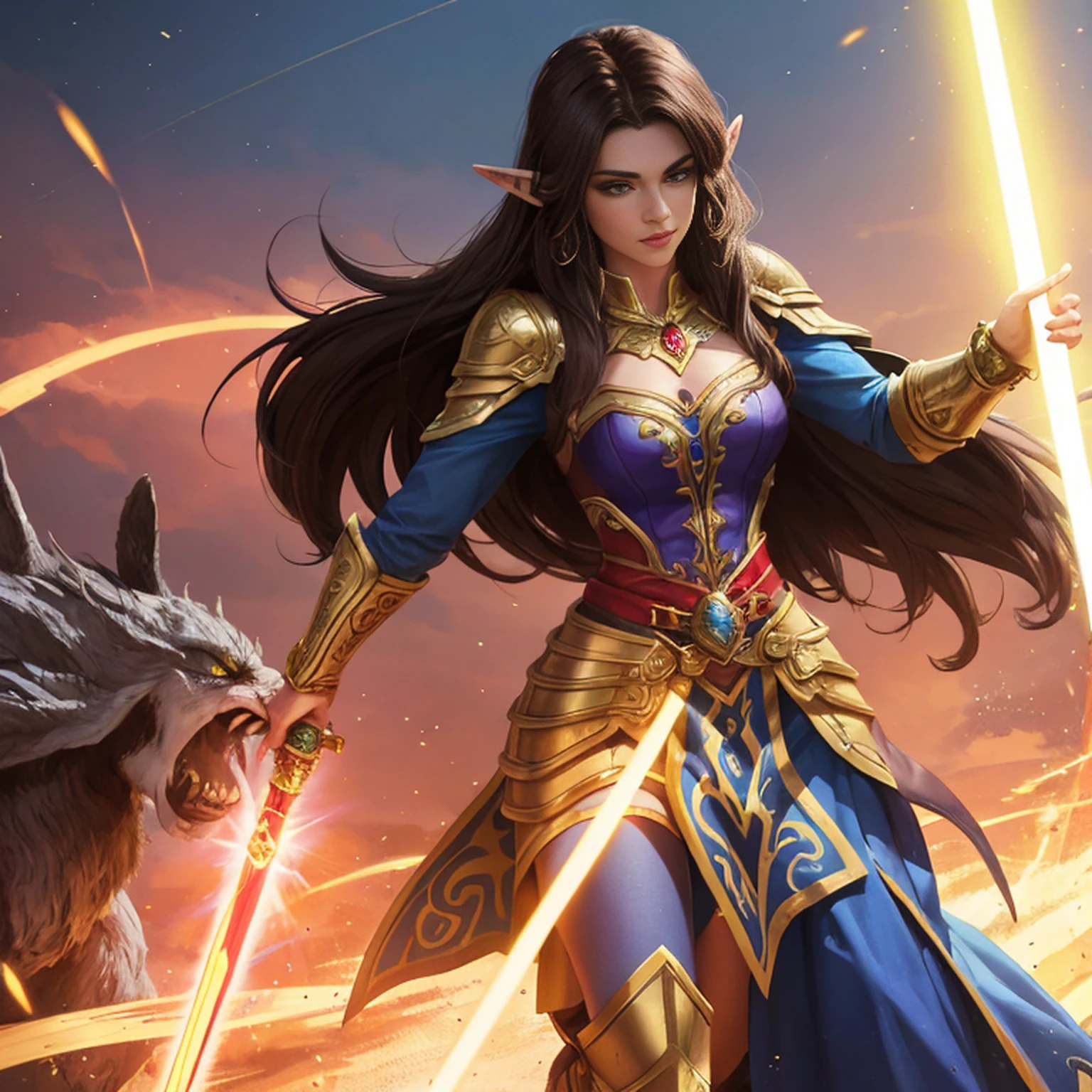 full body portrait of A beautiful warcraft elf woman, hero pose, dark brown hair, wearing gold blue white armor, floating red blue white lightsabers, charging through battlefield