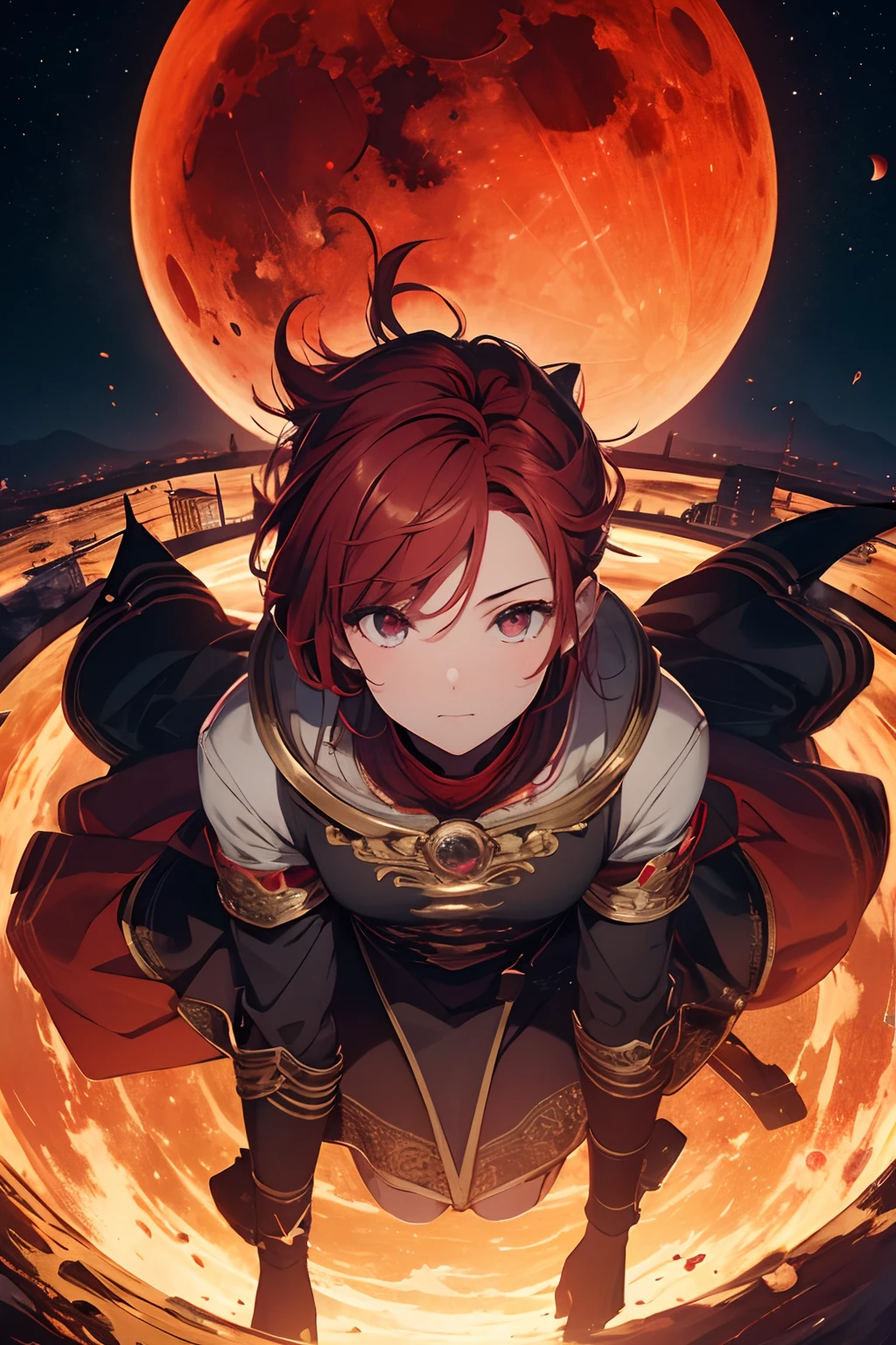 ridiculous resolution, high resolution, (masterpiece:1.4), super detailed, 1boy, seen from above, space, Giant red moon floating, --v 6