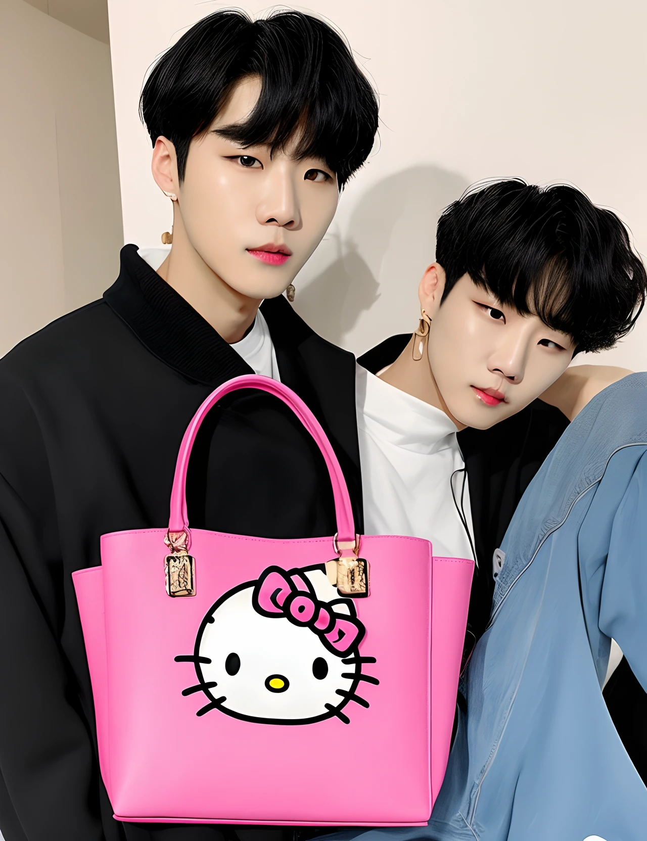 Park jimin do BTS com uma bolsa da hello kitty preta