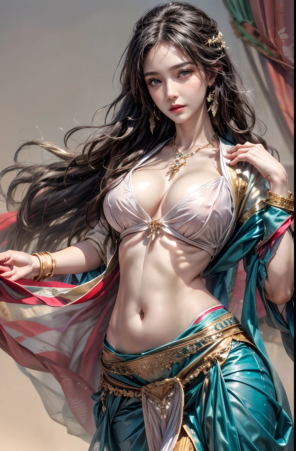 最好质量、potruding , perky ,  poking through fabric, With Arabic background、Arabic dancers、Belly dance、belly dance dress with transparent fabric, Photorealistic、An ultra-fine illustrations、beautiful attractive girl、Slender body、only girl、a photo of girl、Full body shot、Beautiful Blue Eyes、huge tit，Huge breasts，A sagging breast，long leges，Slim，being thin，tightsuit，Lower chest position，Swollen breasts，crisp breasts，Breasts during lactation，Lactation, Gigantic breasts, Heavy breasts,grabbing breast