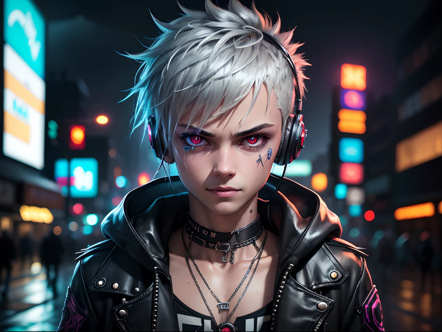 A highly detailed portrait of a solo 1boy standing on a street corner, during a rainstorm with lightning strikes and a cloudy sky, neon and cyberpunk background, he is wearing punk clothes with skull sticker with silver chains and silver spikes, he has a messy hairstyle, he has headphones and a necktie on, petite, detailed glowing red eyes with distinct pupils, ominous aura Halo, smile, punk, cyberpunk, backlighting, chromatic aberration, depth of field, soft lighting, masterpiece, best quality, intricate, tone mapped, highly detailed, artstation, concept art, smooth, sharp focus, dramatic lighting, highly detailed artwork, cinematic, hyper realistic painting, trending on Artstation, 8K, incredible shadows, realistic, (highly detailed background:1.0)