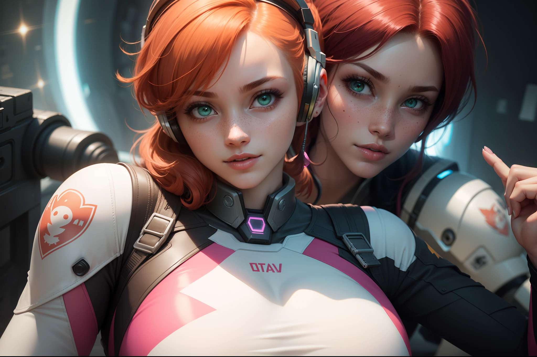 gwen tennyson,1girl,tracer,d.va,rebecca chambers,overwatch,gundam,close up,mecha pilot,space port,orange and pink plugsuit,pilot jacket,hair pin,pirate corset,white long sleeve lycra top,white leggings,short hair,cute makeup,green eyes,orange and pink hair,shy smile, freckles,redhead,beautiful girl,large breasts,ultra detailed,realistic,fantasy art, gaming headset,