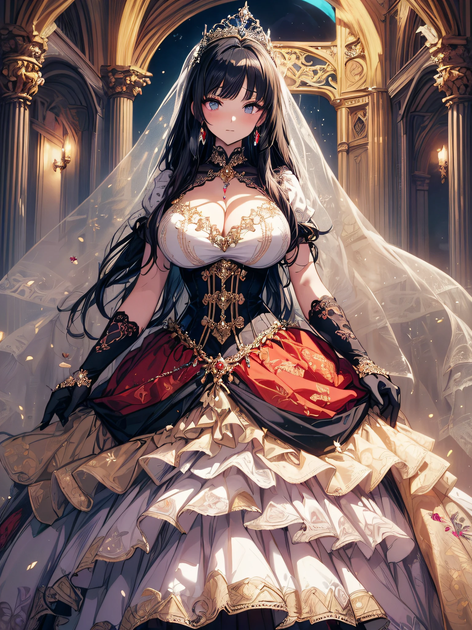 ((anime artstyle)),(Masterpiece),(Best Quality), (Super Detail),((Very Delicate and Beautiful)),cinematic lighting,1 girl,((full body portrait)),((standing in garden)),((solo)),(((1 fairytale princess in gorgeous embroidery and jeweled extremely gorgeous princess ballgown with voluminous full length hoop skirt))),an hourglass waist,padded and corseted bodice,(((huge crinoline hoopskirt))),long train,((gorgeous embroidery and jeweled)),voluminous frills,See-through,(gorgeous embroidery and beautiful lace),(((extremely gigantic tits,skindentation))),cleavage,((large amount of straight hair,extremely voluminous Straight long Hair,Very Long Straight Hair)),(finely detailed face and eyes),clear pupil,extremely gorgeousfull hair ornament,(bling-bling jeweled extremely gorgeousfull tiara),(bling-bling gorgeous gemstone jewelry),gorgeous long veil,((opera gloves)),(beautiful background),(full body),((gorgeous embroidery and jeweled extremely gorgeous princess ballgown with voluminous full length hoop skirt))