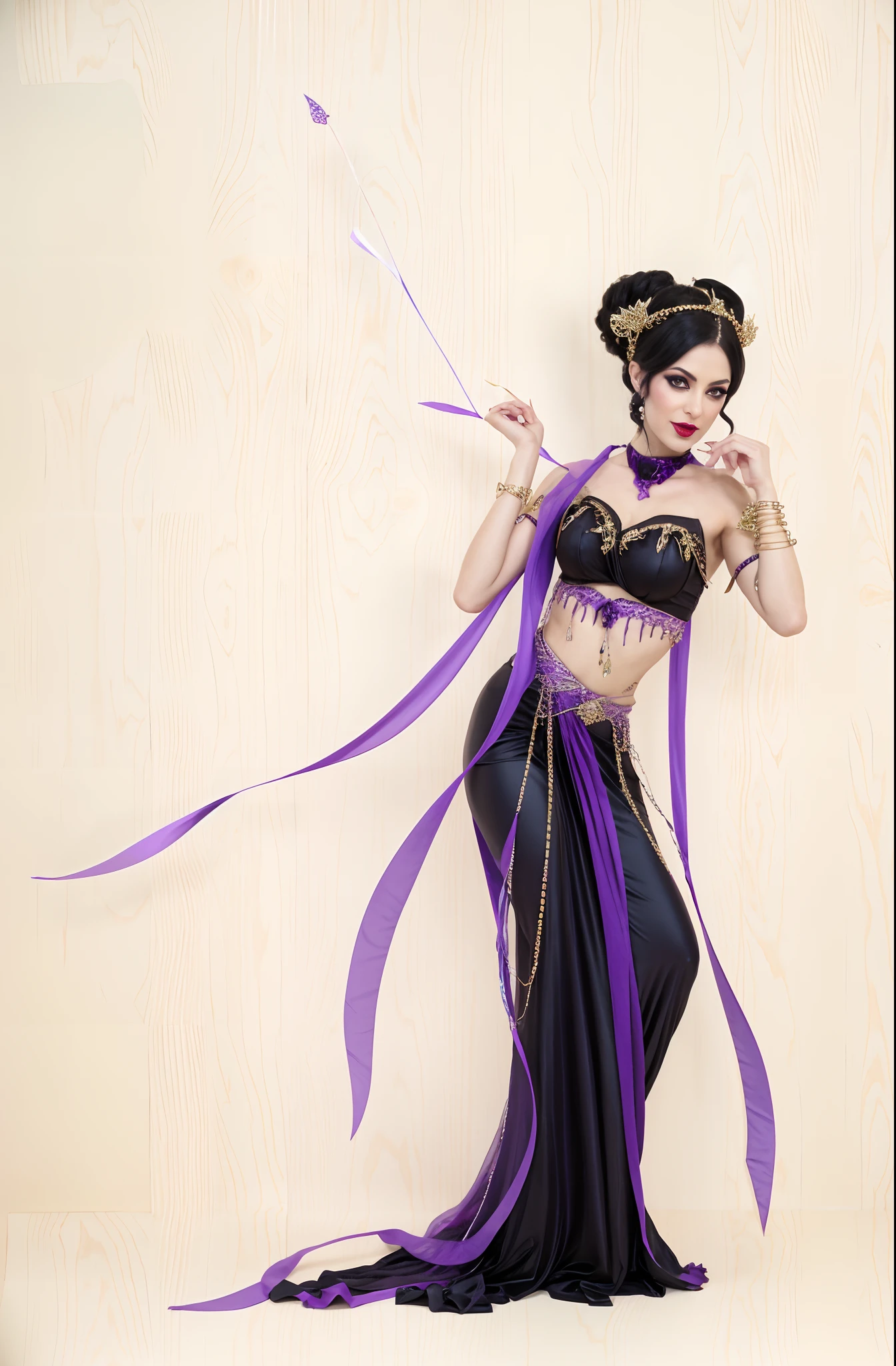 Enchanting witch succubus,broad chest, Slim waist,heavy makeups,Extra-long nails,Wearing a black belly dancing bikini,Teeth and claws,Enchanting and seductive,disturb,The expression is vicious,There are purple streamers on the body,Eat men