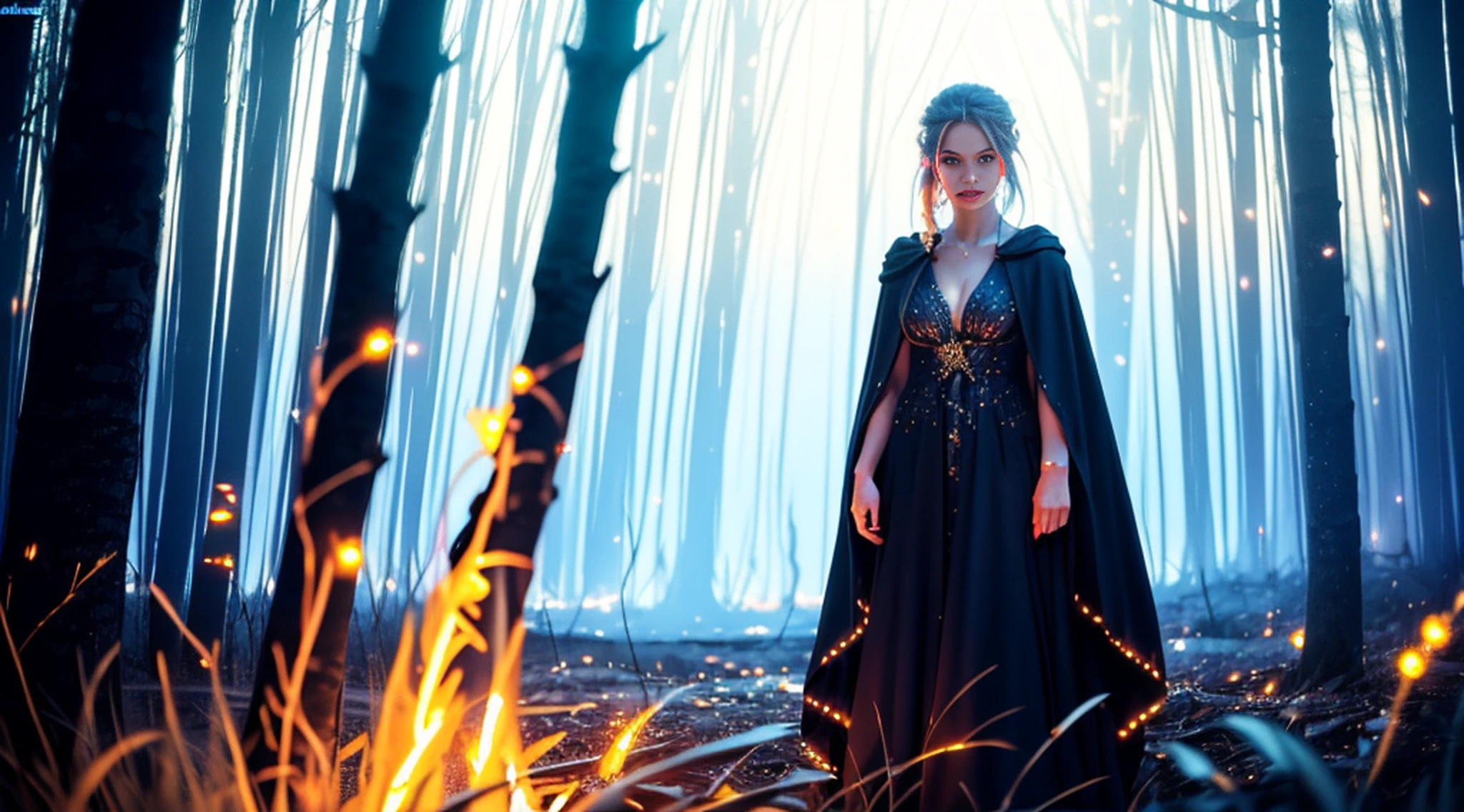 ((1girl)), sorceress, magic, wearing a long dress made of lights, magical forest, with flowing, (((fire)) magic), tight sorceress clothes, magical clothing, (((flowing hairstyle))), (((glowing eyes))), wearing cloak, ((bokeh)), depth of field,