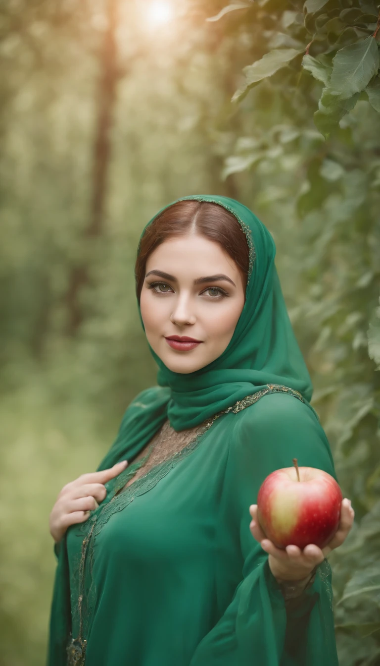 (steampunk art), Apple orchard, A large red apple in a coniferous forest, bokeh, glare, radiance, Fantasy, fairycore, High Resolution, image, A girl with gorgeous long green gown with light green hijab with a beautiful smile (modest pose)