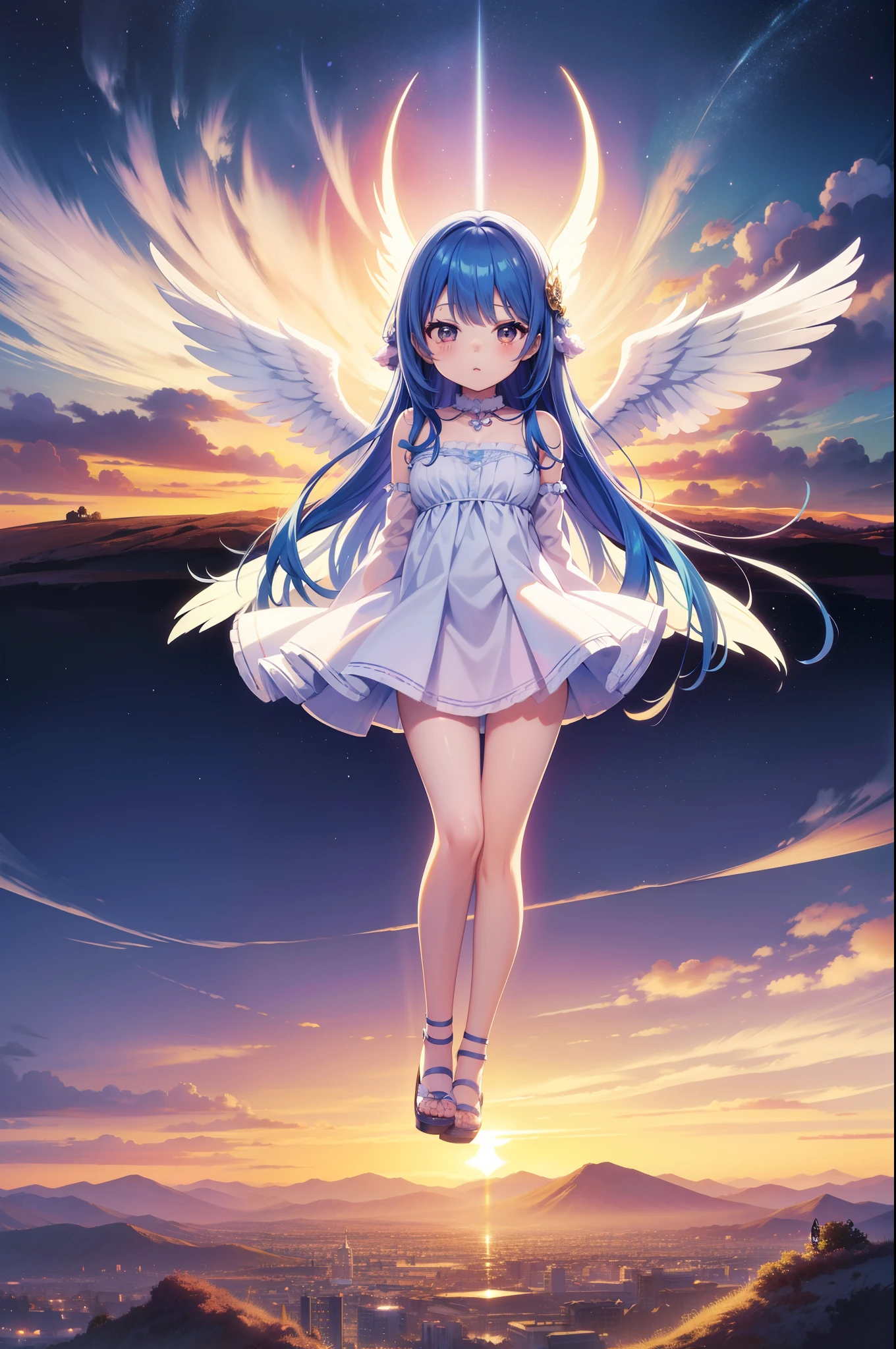 angelicales　Chibichara　large wings on the back、long hair with blue hair((Chibi Chara))、Fluffy、girl with、Chibi Chara、full body Esbian、angel costume、Pastel colors hair、masutepiece、top-quality、Vast landscape in the background(a picture)