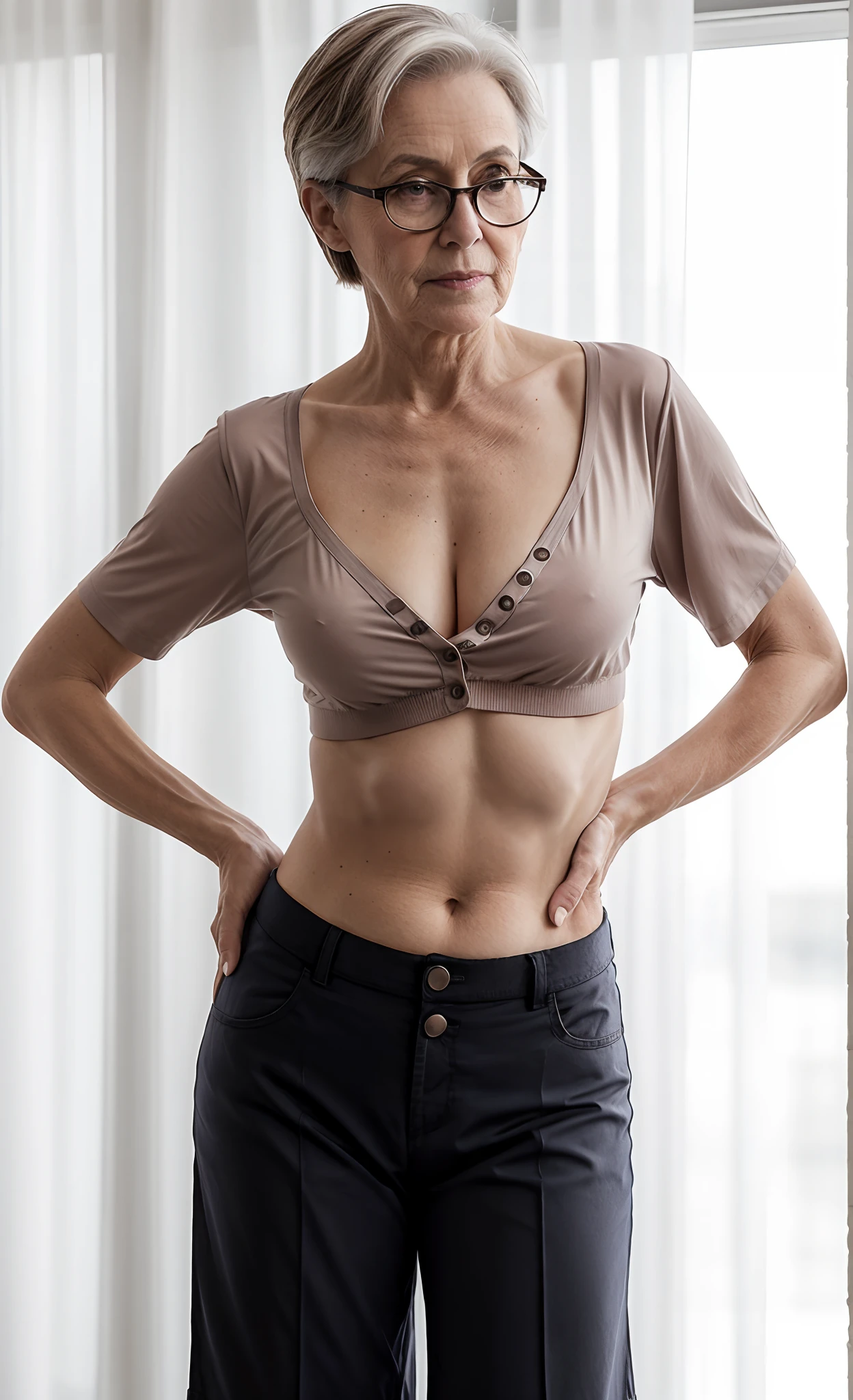 there is a spectacled elderly older mature old aged master female in a skimpy cream midriff-shirt and sailor overly low rise sailor cream pants pinned by one only button, this dominant lady is posing for a fist, sultry mature older female body with sexy older mature belly, braless and short-sleeved midriff-shirt, upper older body image, proudly braless, succinct midriff-shirt with short sleeves, skimpy midriff-shirt over mature bare torso, brazenly wearing a sexy cropped short sleeved crop-shirt, very short and very shaved mature French haircut, middle shot waist up, older feminine slim figure, upper older body shot, older half body shot, close up older half body shot, hourglass elderly figure