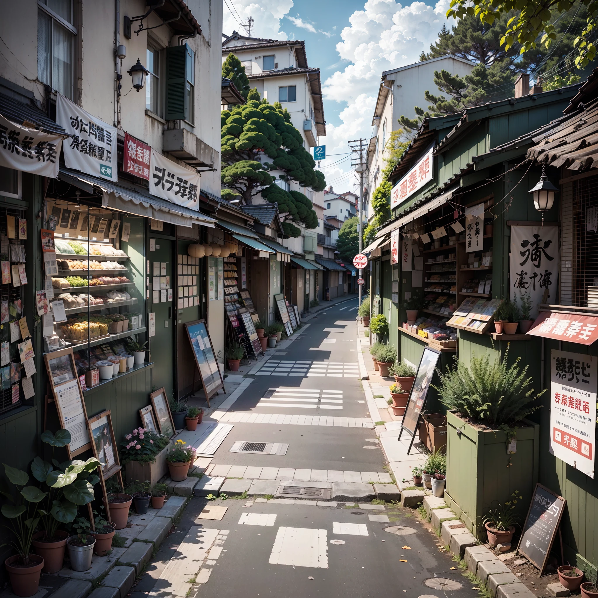 abandoned, slightly overgrown, empty, modern suburban Japanese street. closed shops on either side of the street. trees. plants. plant pots. rocks. air ventilation systems. road works. big Japanese shop signs. retro Japanese shop signs. anime style, anime, lofi style, lofi. gloomy weather, sun emerging from clouds. (no one: 1), no people. best quality
