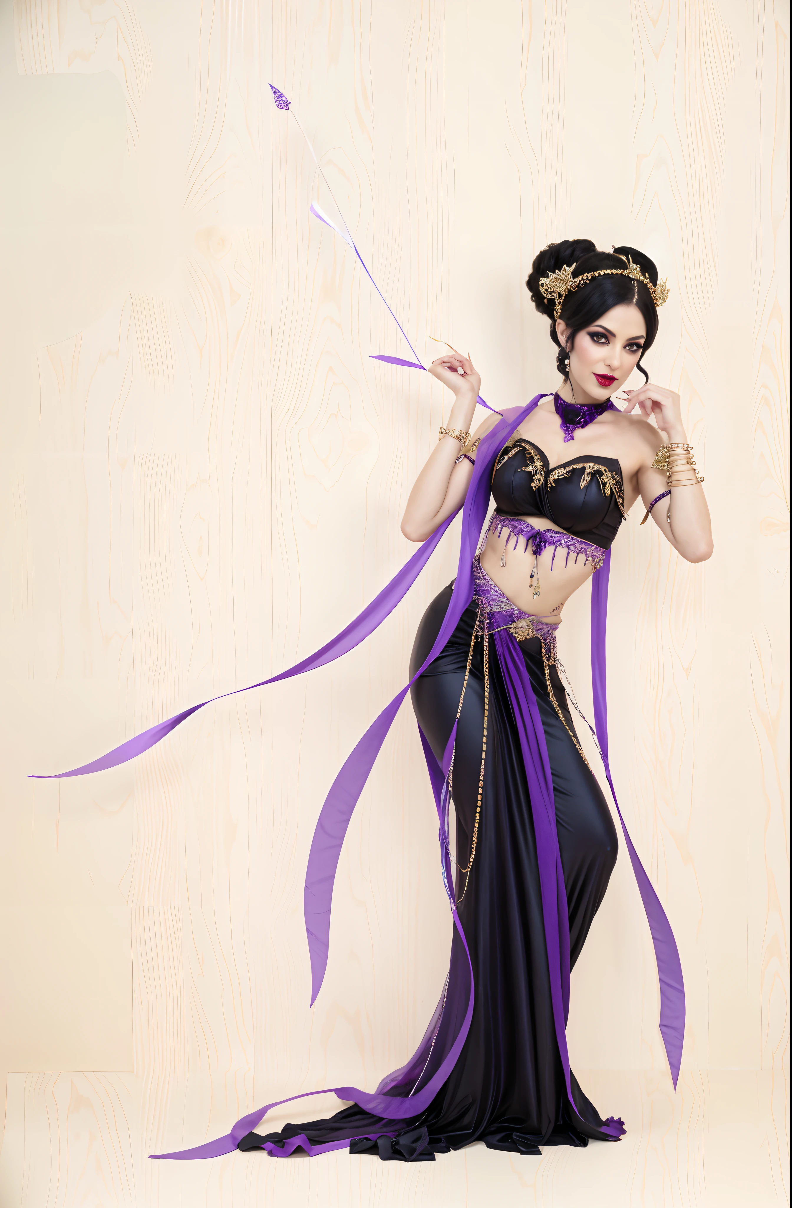 Enchanting witch succubus，broad chest, Slim waist，heavy  makeups，Extra-long nails，Wearing a belly dancing bikini，Enchanting and seductive，The expression is vicious，There are purple streamers on the body，Eat men