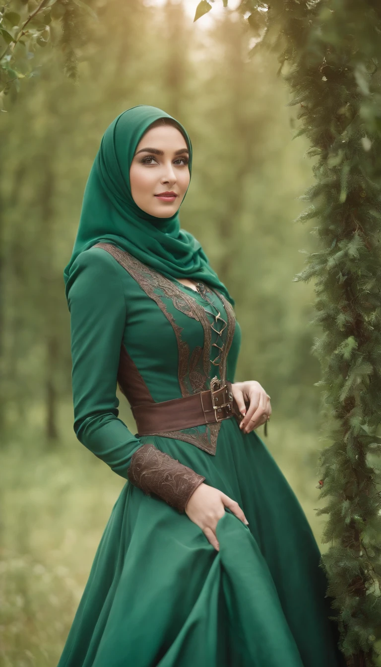 (steampunk art), Apple orchard, A large red apple in a coniferous forest, bokeh, glare, radiance, High Resolution, image, A beautiful girl with gorgeous long green gown with light green modest hijab with a beautiful smile  (modest pose)