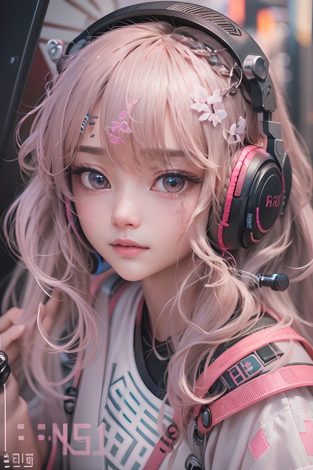 masterpiece, 1 beautiful girl, Detailed eye, Swollen eyes, top-quality, 超A high resolution, (reality: 1.4), 电影灯光, japanes, a asian beauty, very extremely beautiful, lovely、Beautiful skins, A slender, Forward-facing body, (A hyper-realistic), (hight resolution), (8K), (ighly detailed), ( Best Illustration), (beautifully detailed eyes), (ultra-detailliert), 详细的脸, Bright lighting, Professional Lighting、The background is a cyberpunk room with many monitors..............、The cord is connected from the costume、Long Hair Color Pink、headset on head、small tattoo on face、nffsw、gazing at viewer