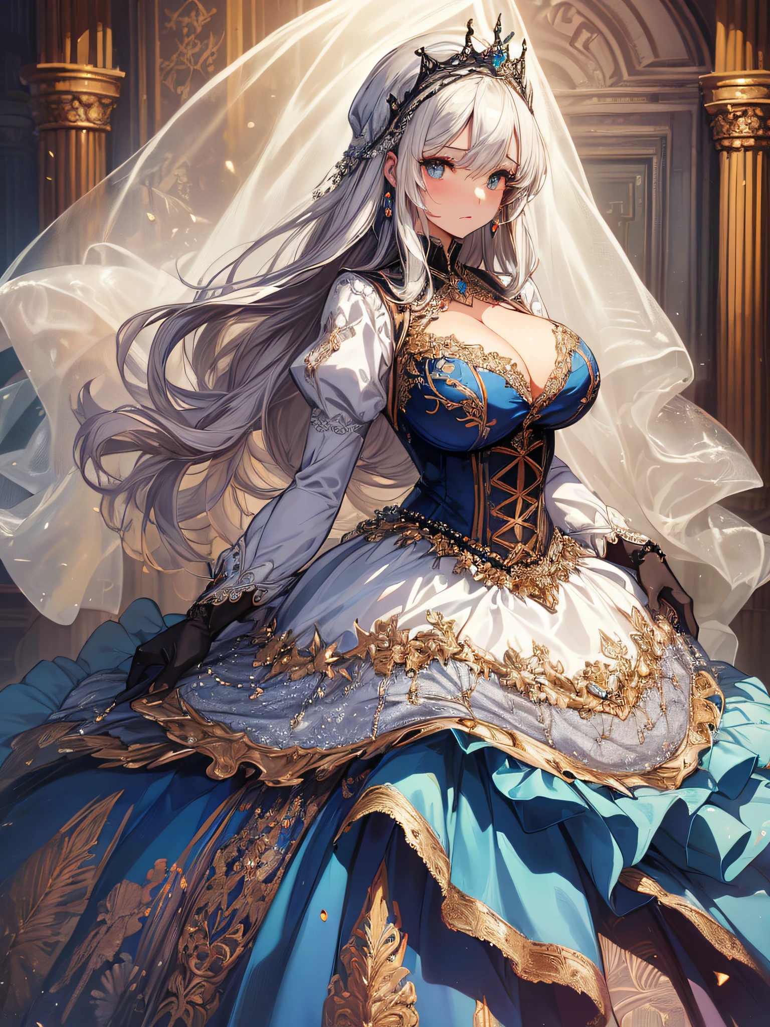 ((anime artstyle)),(Masterpiece),(Best Quality), (Super Detail),((Very Delicate and Beautiful)),cinematic lighting,1 girl,((full body portrait)),((standing in garden)),((solo)),(((1 fairytale princess in gorgeous embroidery and jeweled extremely gorgeous cinderella ballgown with voluminous full length hoop skirt))),an hourglass waist,padded and corseted bodice,(((huge crinoline hoopskirt))),long train,((gorgeous embroidery and jeweled)),voluminous frills,See-through,(gorgeous embroidery and beautiful lace),(((extremely gigantic tits,skindentation))),cleavage,((large amount of straight hair,extremely voluminous Straight long Hair,Very Long Straight Hair)),(finely detailed face and eyes),clear pupil,extremely gorgeousfull hair ornament,(bling-bling jeweled extremely gorgeousfull tiara),(bling-bling gorgeous gemstone jewelry),gorgeous long veil,((opera gloves)),(beautiful background),(full body),((gorgeous embroidery and jeweled extremely gorgeous cinderella ballgown with voluminous full length hoop skirt))