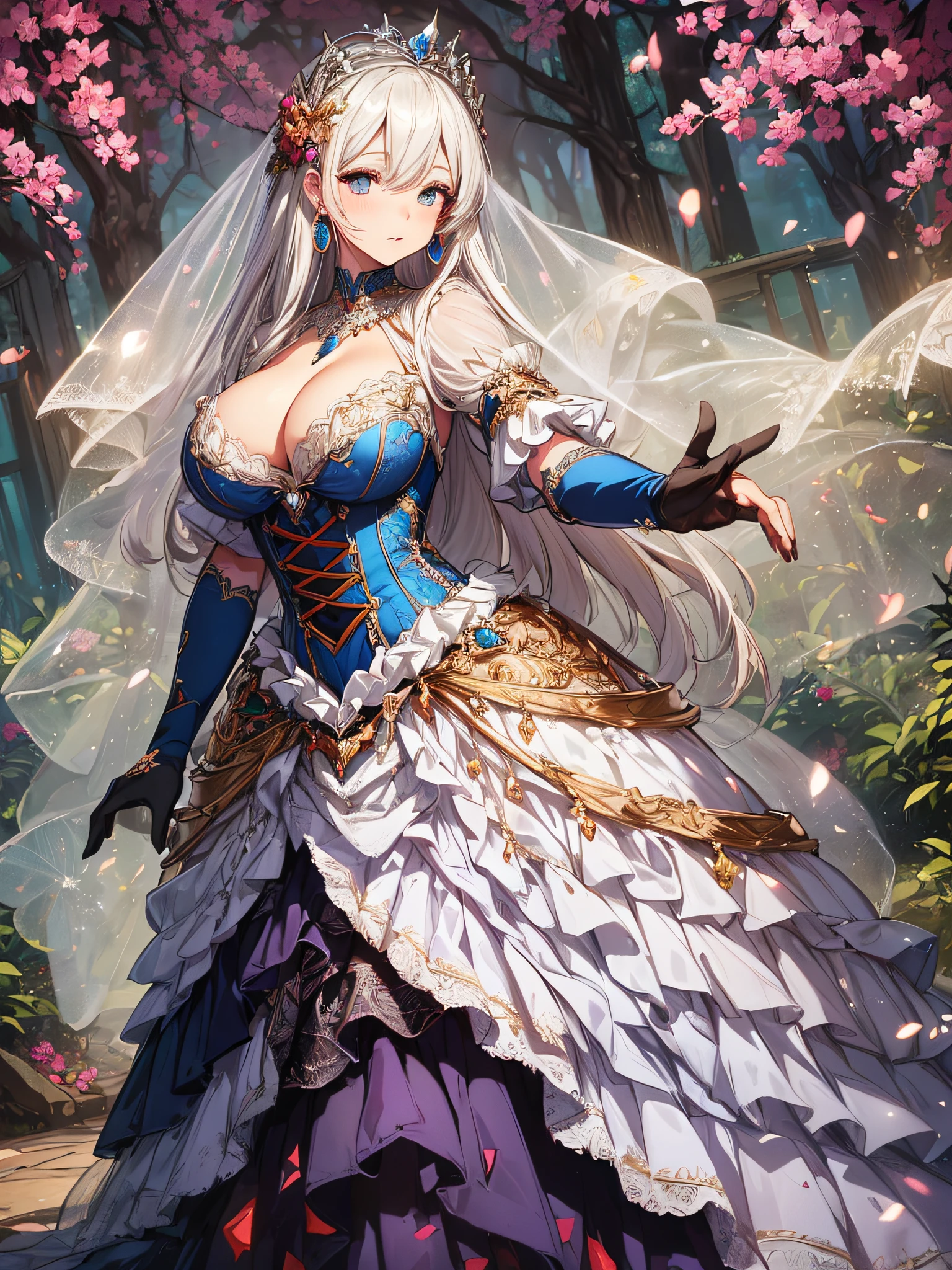 ((anime artstyle)),(Masterpiece),(Best Quality), (Super Detail),((Very Delicate and Beautiful)),cinematic lighting,1 girl,((full body portrait)),((standing in garden)),((solo)),(((1 fairytale princess in gorgeous embroidery and jeweled extremely gorgeous cinderella ballgown with voluminous full length hoop skirt))),an hourglass waist,padded and corseted bodice,(((huge crinoline hoopskirt))),long train,((gorgeous embroidery and jeweled)),voluminous frills,See-through,(gorgeous embroidery and beautiful lace),(((extremely gigantic tits,skindentation))),cleavage,((large amount of straight hair,extremely voluminous Straight long Hair,Very Long Straight Hair)),(finely detailed face and eyes),clear pupil,extremely gorgeousfull hair ornament,(bling-bling jeweled extremely gorgeousfull tiara),(bling-bling gorgeous gemstone jewelry),gorgeous long veil,((opera gloves)),(beautiful background),(full body),((gorgeous embroidery and jeweled extremely gorgeous cinderella ballgown with voluminous full length hoop skirt))