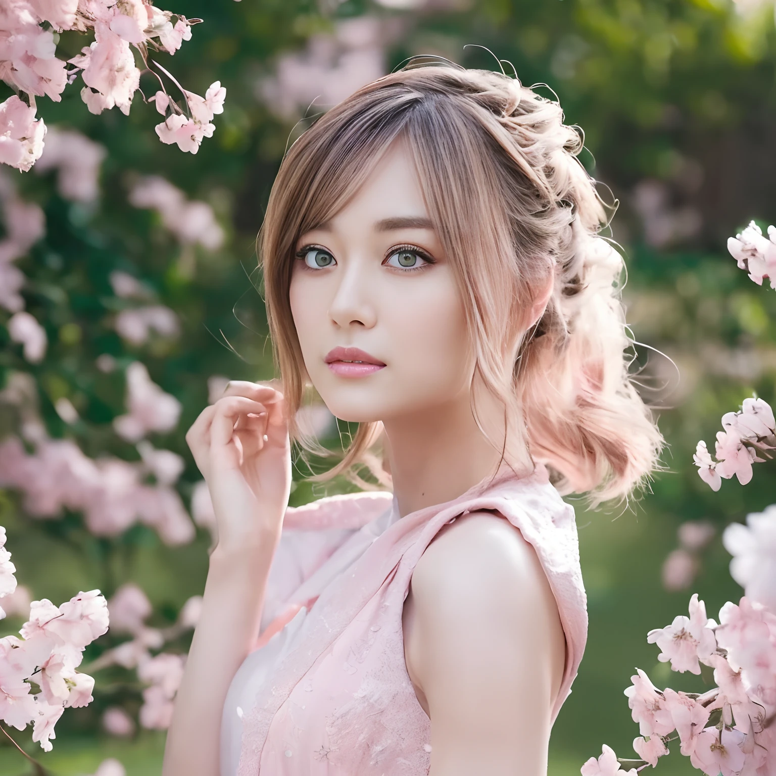 Woman in pale pink dress standing in cherry blossom forest, ArtGerm, realistic landscape, Detailed Art Germ, perfect eyes, face perfect, ultra-detailliert, FULL BODYSHOT, (Skindentation: 1.5), realist, realist, (masterpiece: 1.5), concept-art, intricate detailes, ighly detailed, realist, Octane Rendering, 8K, Unreal Engine, dynamicposes, top-quality, hight resolution, (lifelike face: 1.1), (Hyper-Realism: 1.1) , ((full_Body)), perfect eyes, (shinny skin: 1.2), ((hairstyle on))), ((Perfect hands))), (highly detailed back ground), ((dynamic background), ((Lightning), (Lightning), ((1girl in)), Wearing a robe, (((Flow Mantle))), ((A detailed eye, high quality eyes, face with high quality)), Very intricate light pink dress, magical robe), casting lightning, electricity, Spinning flame, radiation, Spark, Smoke, magia, (Dramatic), epicd, battle field, depth of fields, Bokeh, 4K, gotik, ash, Particulate matter.