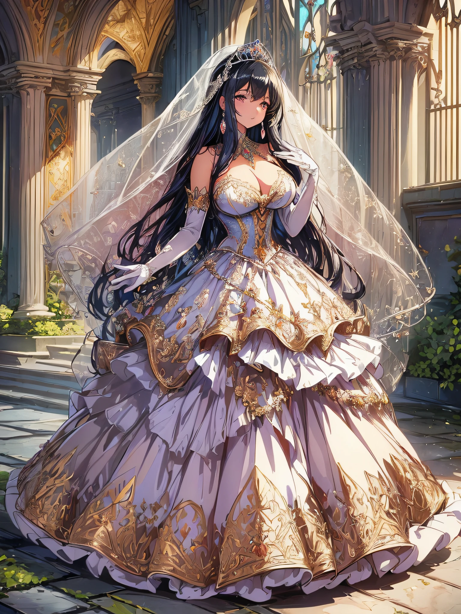 anime artstyle,Best quality, Masterpiece,Solo,full body,princess as a royal bride wearing a stately and elaborate royal wedding dress of white satin and tulle adorned with huge ribbon bows,(gigantic tits,Long tits,skindentation),lace, frills, flounces, gorgeous embroidery and jewels, with enormous puffed sleeves, an hourglass waist and a voluminous crinoline hoopskirt,long train, long white gloves, pearl necklace and earrings,long wedding veil,(rarge amount of straight hair,extremely Long voluminous Hair)
