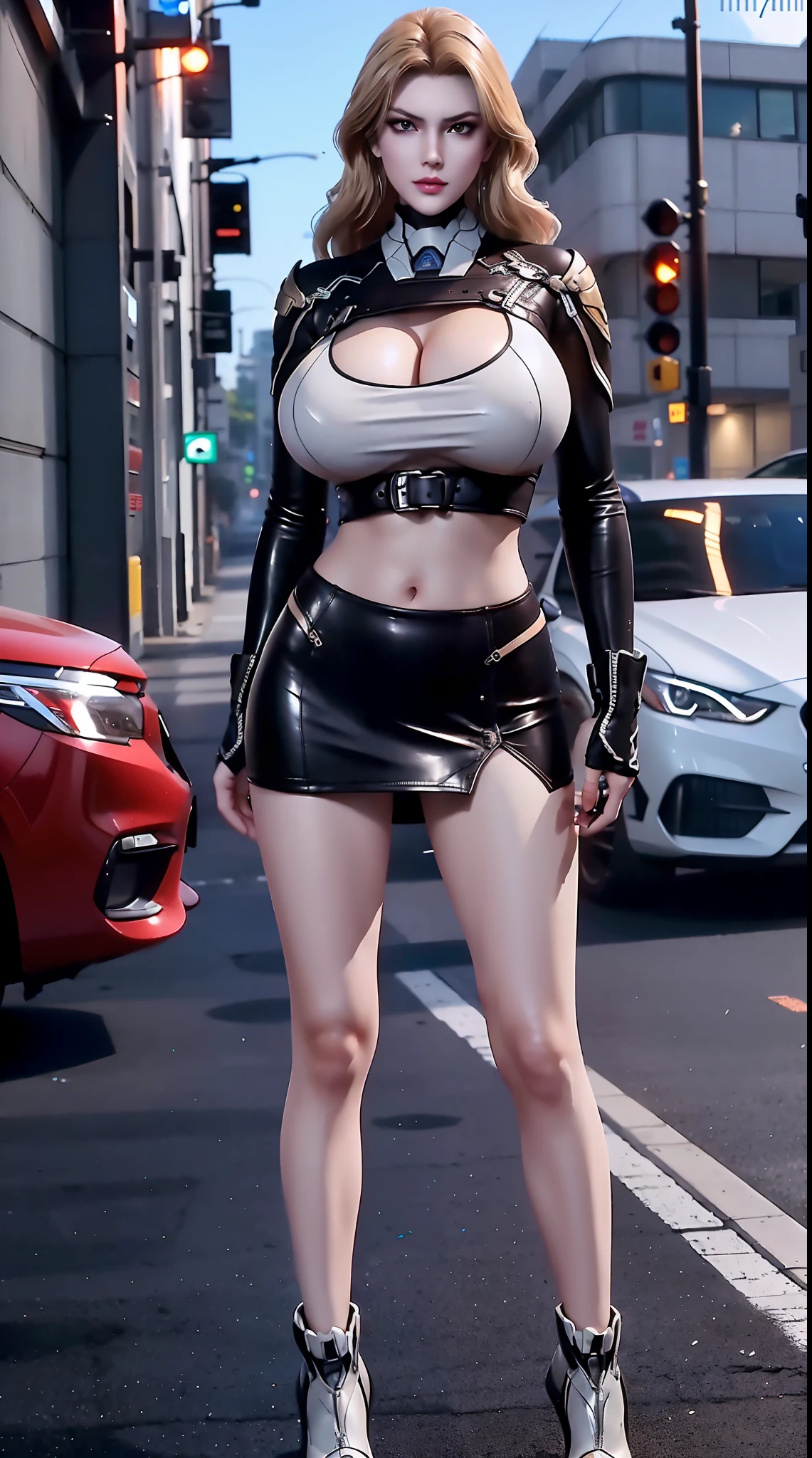 physically-based rendering, 1girl, Female model chinese, (huge fake breasts:1.1), (street city), muscular body, slender, slim waist, big buttocks, expose muscle abs, (Full body:1.3), tight leather short skirt, cleavage, tight crop top sweater full body.
