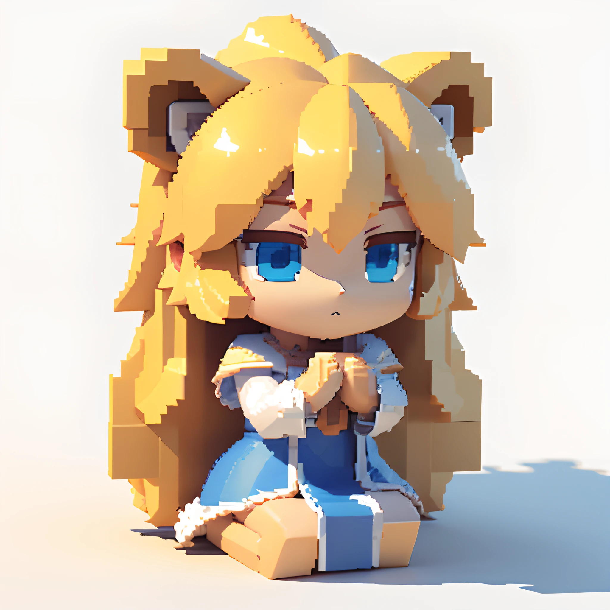 (3D Big Pixel Art), (3D Pixel Art),White background,Chibi,Large pixels,Lion-like girl praying with blonde hair and blue eyes,(3DPixel art),(3D Pixel Art)