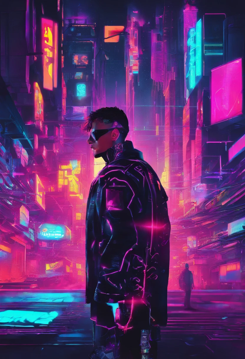 Make me a cyberpunk poster with a man