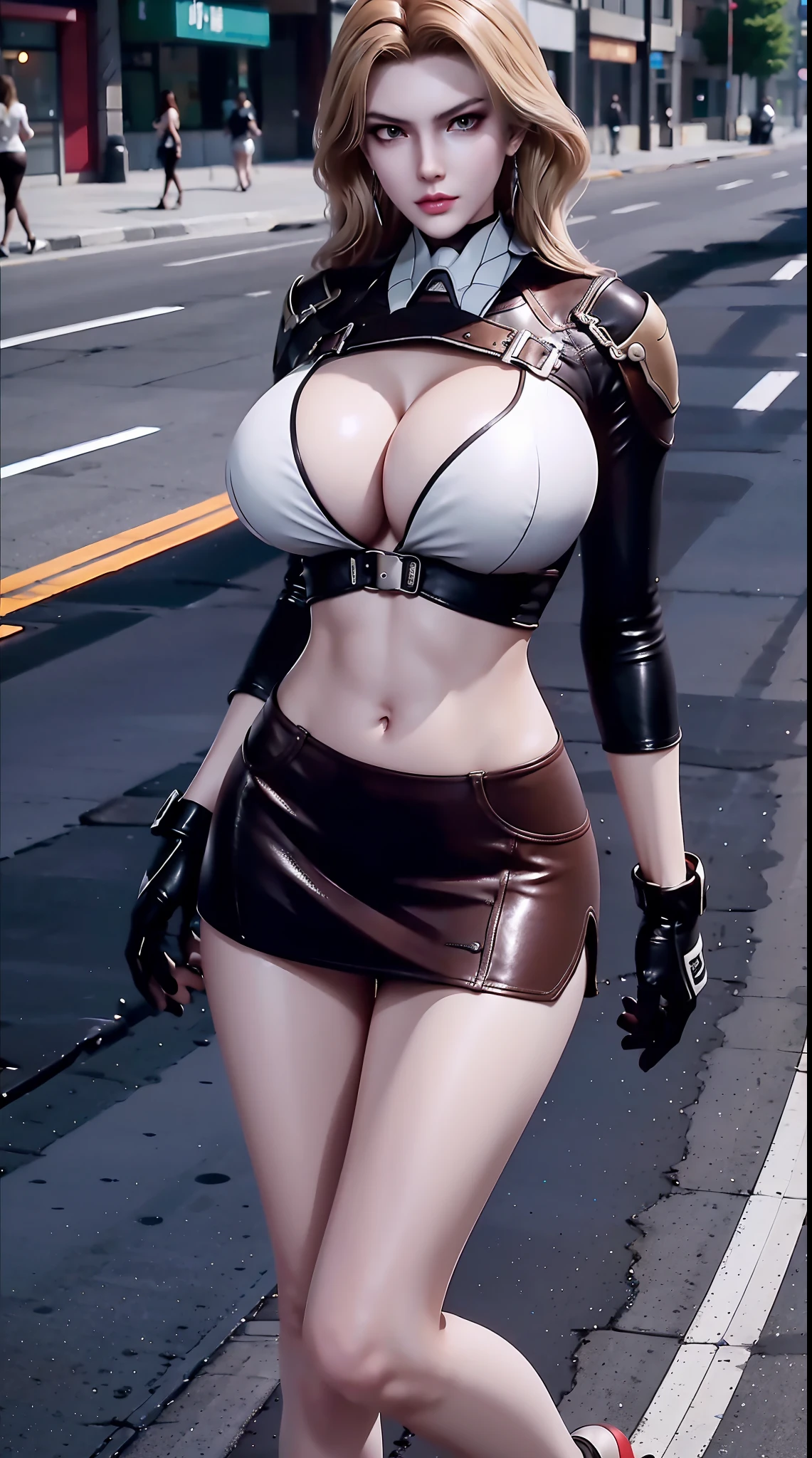 physically-based rendering, 1girl, Female model chinese, (huge fake breasts:1.1), (street city), muscular body, slender, slim waist, big buttocks, expose muscle abs, (Full body:1.3), tight leather short skirt, cleavage, tight crop top sweater full body.