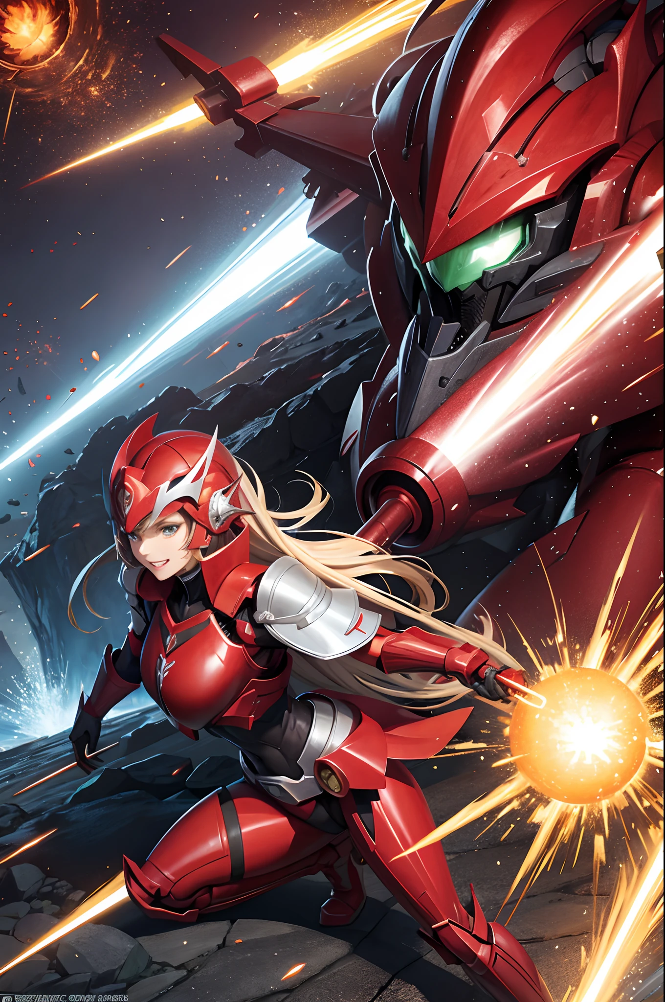 Elf, red mecha armor, lots of cannons and weapons, red helm with grinning fangs, burst shot, lots of lights and explosions and lazers, masterpiece, best quality