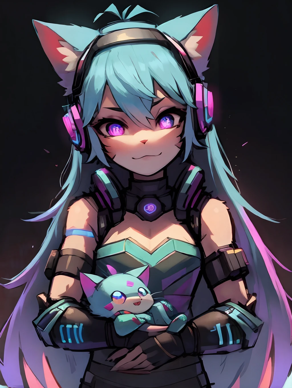 Cyberpunk girl with pink long hair,Q version,(ddlers,Ba adolable, cyberpunked, Cat Ear Headphones、Master masterpieces, hight resolution,8K,detailedbackground,hightquality,(((独奏))),looking at viewert,Iridescent colors,Light steppe、Cyberpunk costumes、Cute Cyberpunk Girl