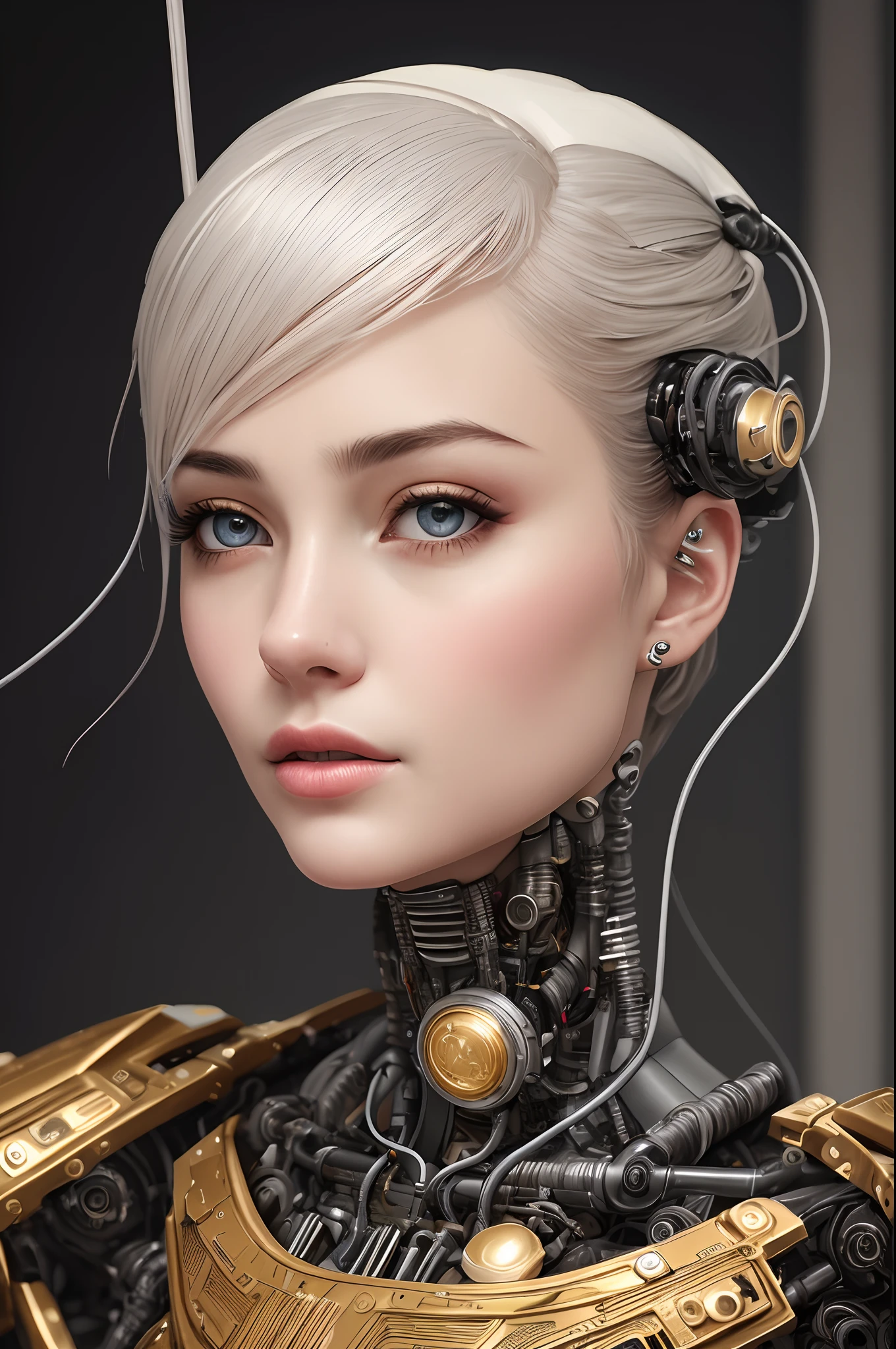 complex 3d render ultra detailed of a beautiful porcelain profile woman android face, realistic covered cyborg, robotic parts, 150 mm, beautiful studio soft light, rim light, vibrant details, luxurious cyberpunk, lace, hyperrealistic, anatomical, facial muscles, cable electric wires, microchip, elegant, beautiful realistic background, octane render, H. R. Giger style, 8k, best quality, masterpiece, illustration, an extremely delicate and beautiful, extremely detailed ,CG ,unity ,wallpaper, (realistic, photo-realistic:1.37),Amazing, finely detail, masterpiece,best quality,official art, extremely detailed CG unity 8k wallpaper, absurdres, incredibly absurdres,  robot, gold halmet, full body, sitting facing the camera.