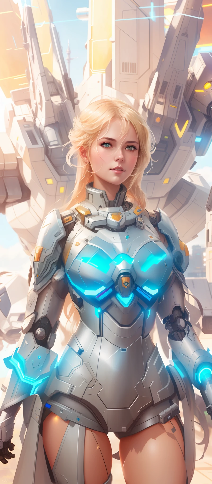 blond woman in armor posing in a futuristic city, girl in mecha cyber armor, mechanized valkyrie girl, armor girl, girl in knight armor, wojtek fus, ross tran 8 k, wlop and krenz cushart, female mecha, portrait armored astronaut girl, wlop. scifi, art of wlop and greg rutkowski