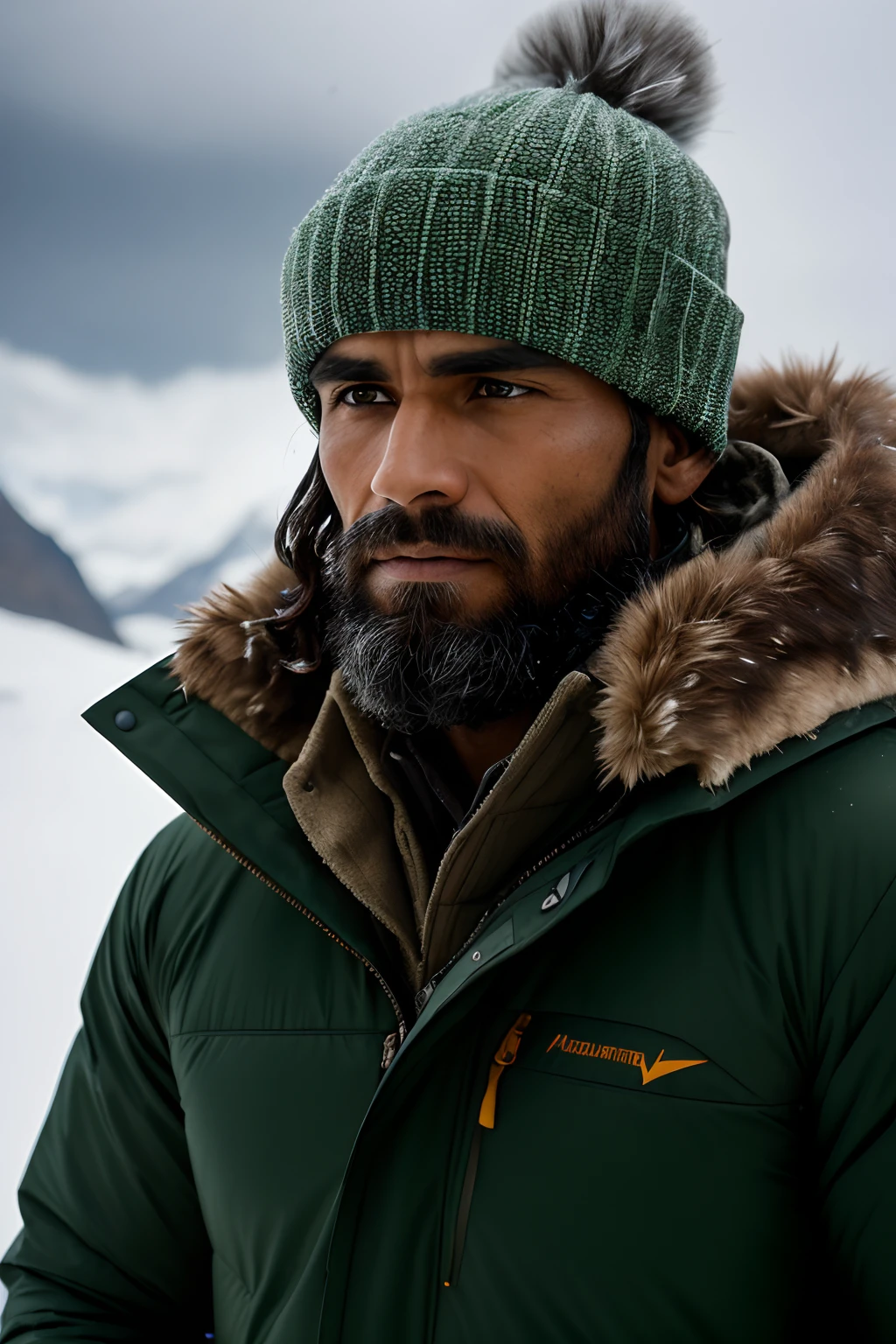 (best quality, high-res, realistic:1.37), detailed portrait photo, close up shot of a mountaineer in the Himalayas. The mountaineer has a weather-beaten face and is dressed in winter gear. 

The heavy snowfall in the background creates a serene and ethereal atmosphere. The snowflakes delicately cover the mountaineer's hat and shoulders, adding texture to the image. The mountaineer's face shows determination and resilience, with icicles hanging from their beard and eyelashes. 

Despite the challenging weather conditions, there are rays of sunlight piercing through the thick clouds, casting a warm glow on the mountaineer's face. The interplay of light and shadow accentuates the ruggedness of the mountaineer's features. 

The color palette of the image consists of shades of green and black, representing the lush vegetation in the lower altitudes of the Himalayas and the rocky terrains higher up. 

The overall lighting is dramatic, with the mountaineer standing in the foreground and the snow-covered peaks fading into the background. The lighting creates a sense of depth and emphasizes the majestic beauty of the Himalayan mountains. 

This prompt captures the raw and awe-inspiring nature of mountaineering in the Himalayas, showcasing the determination and courage of the mountaineer in the face of challenging weather conditions and extreme landscapes.