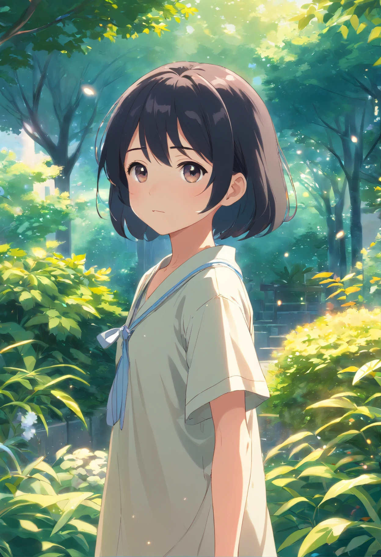 A 6-year-old girl with black hair standing in the garden, alta qualidade, Clear focus (mess - house: 0.8), (tmasterpiece: 1.2) (realista: 1.2) (Bokeh) (melhor qualidade) (skins detalhadas: 1.3) (detalhes intrincados) (8k) (olho detalhado) (foco nítido), (Divirta-se) (uma variedade de poses) desenho